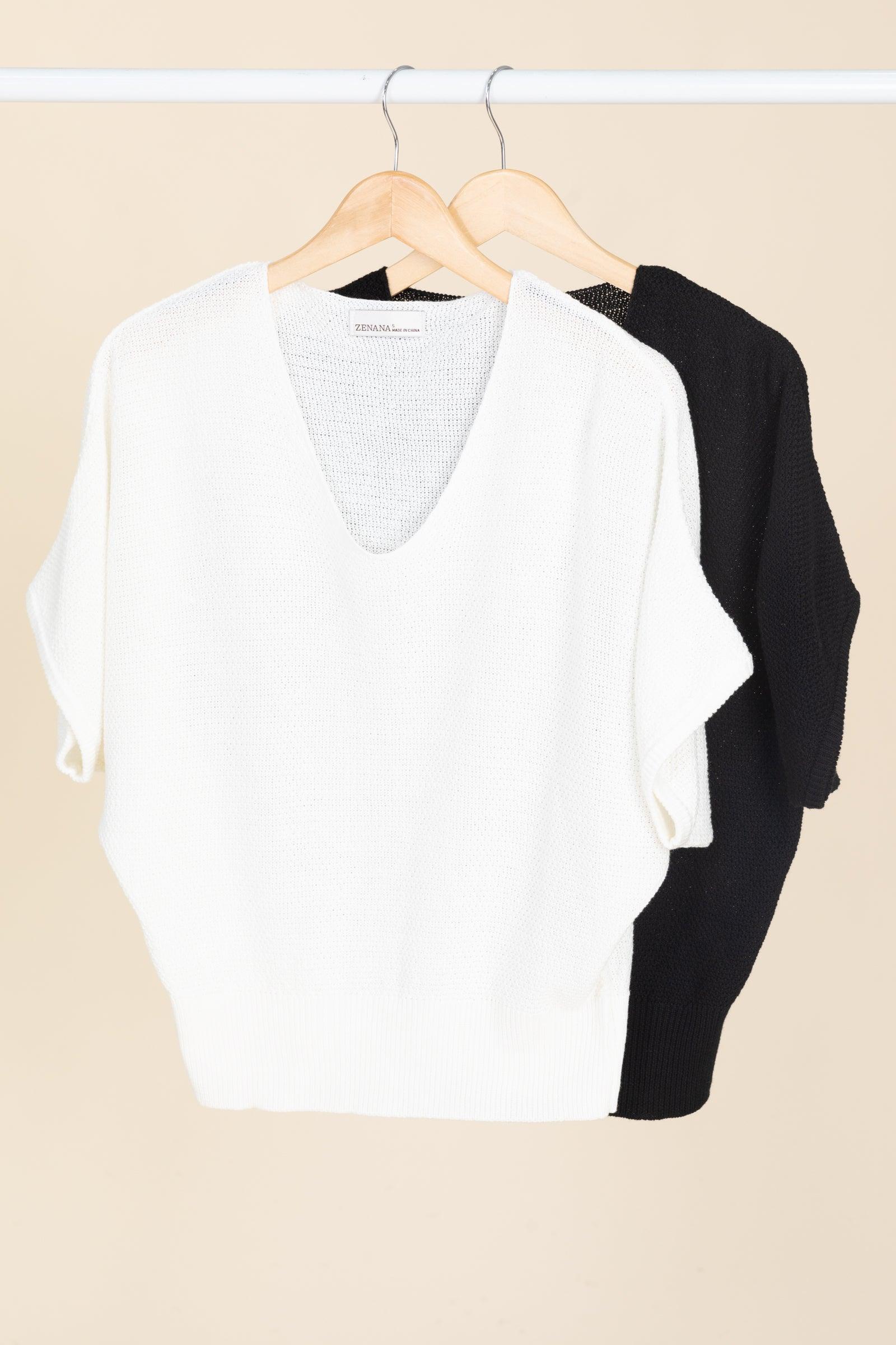 V-Neck Short Sleeve Dolman Knit Sweater Tops Product Image