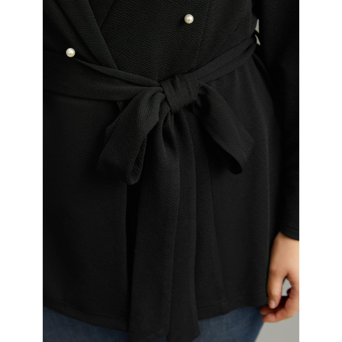 Plus Size Pearl Beaded Belted Blazer Black Women Dailywear Plain Beaded Sleeve Long Sleeve Suit Collar 22-24/3X Belt Elegant Blazers BloomChic Product Image