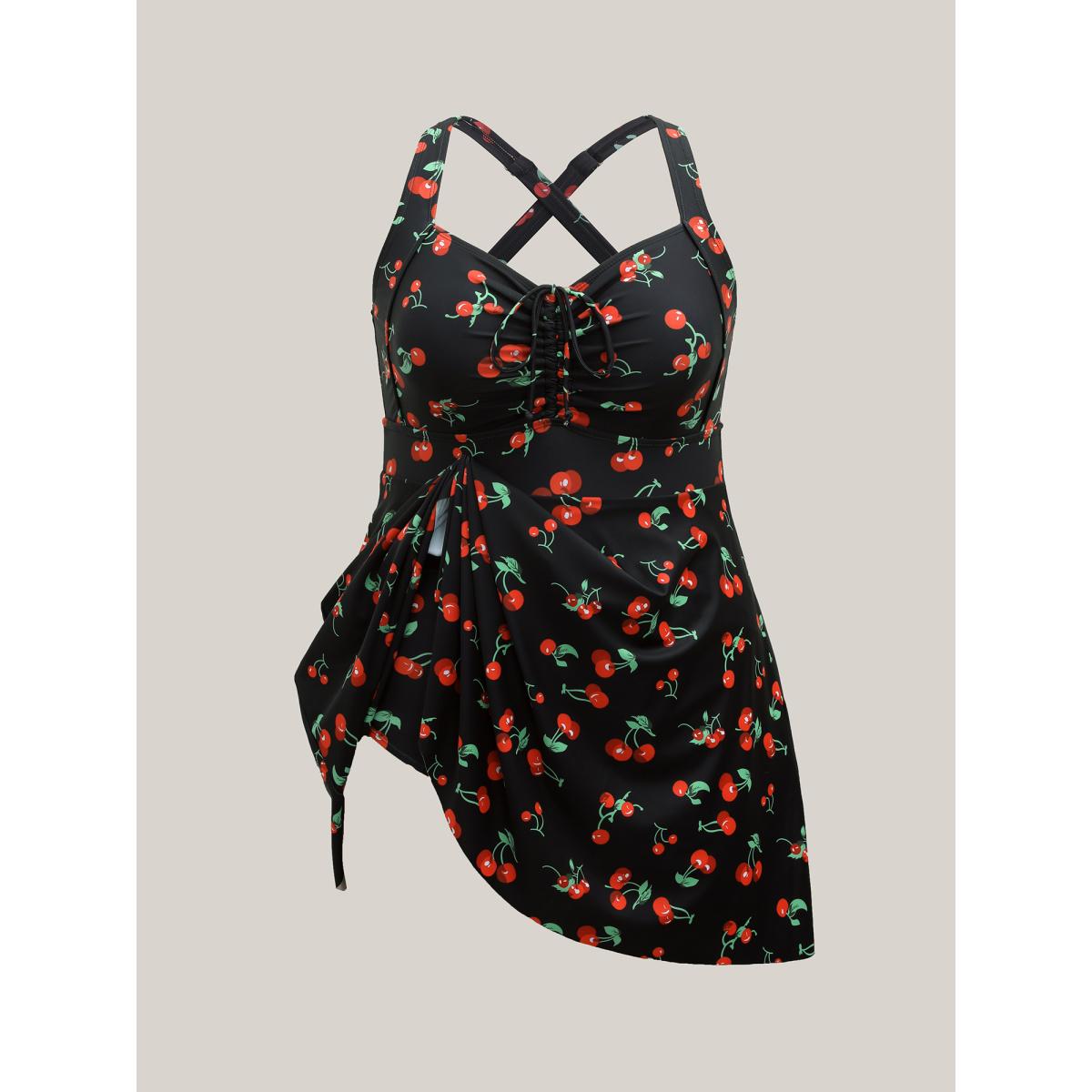 Plus Size Anti-Float Tie Cherry Print Swim Dress Women's Swimwear Black Resort Bodycon Heart neckline High stretch Curve Swim Dresses BloomChic 14-16/1X Product Image