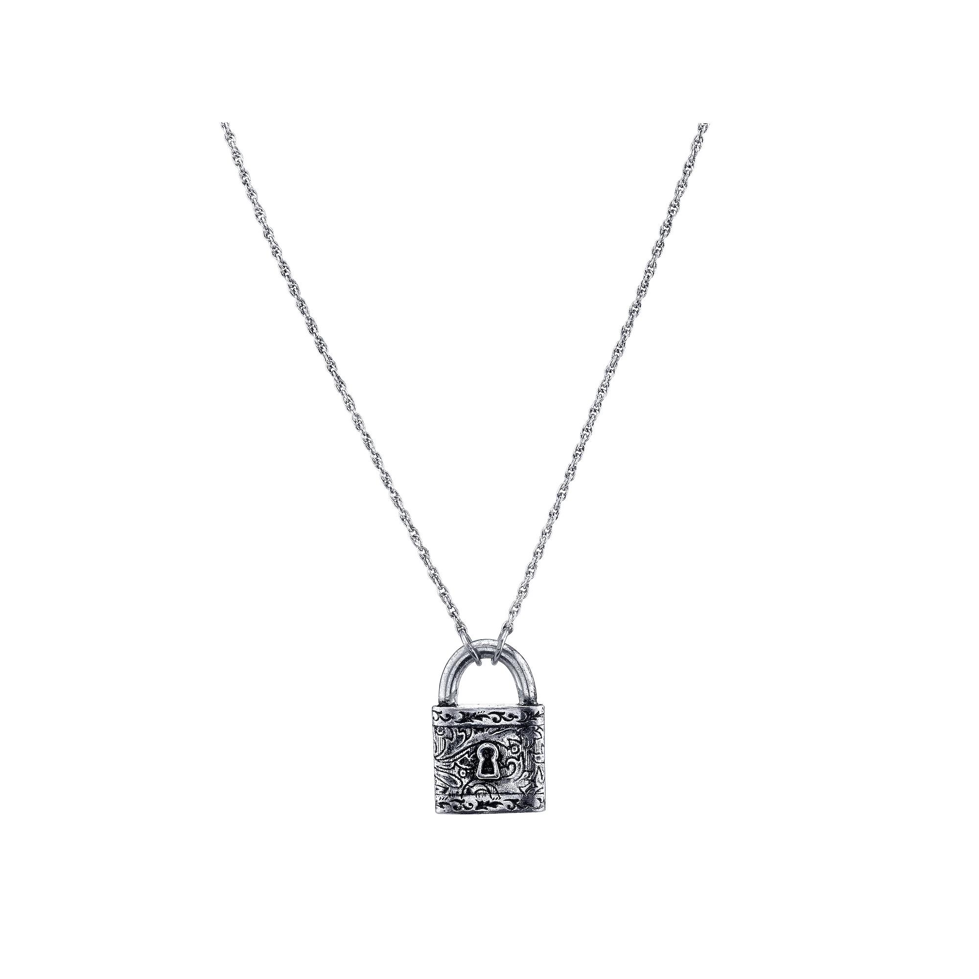 1928 Silver Tone Filigree Padlock Necklace, Womens Product Image