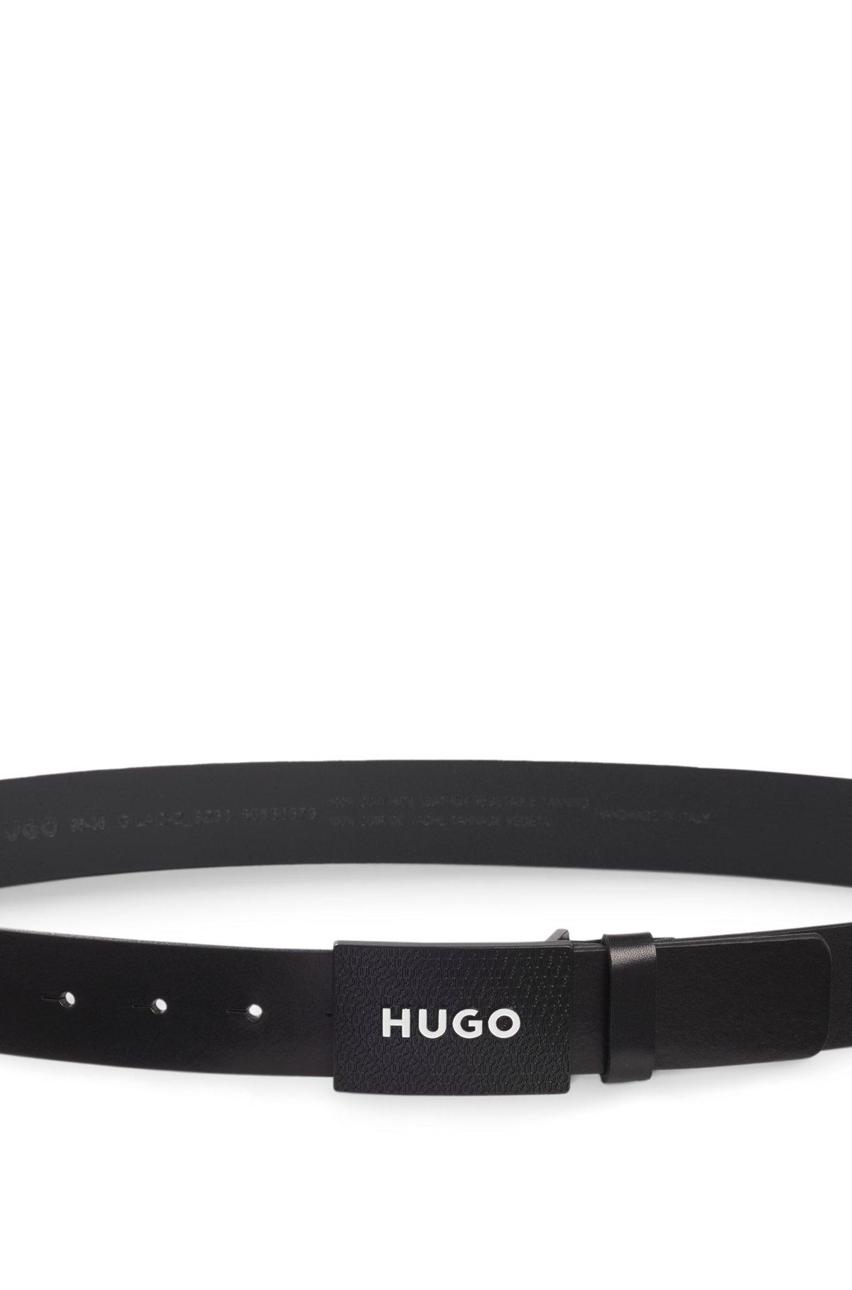 Matte leather belt with branded plaque buckle Product Image