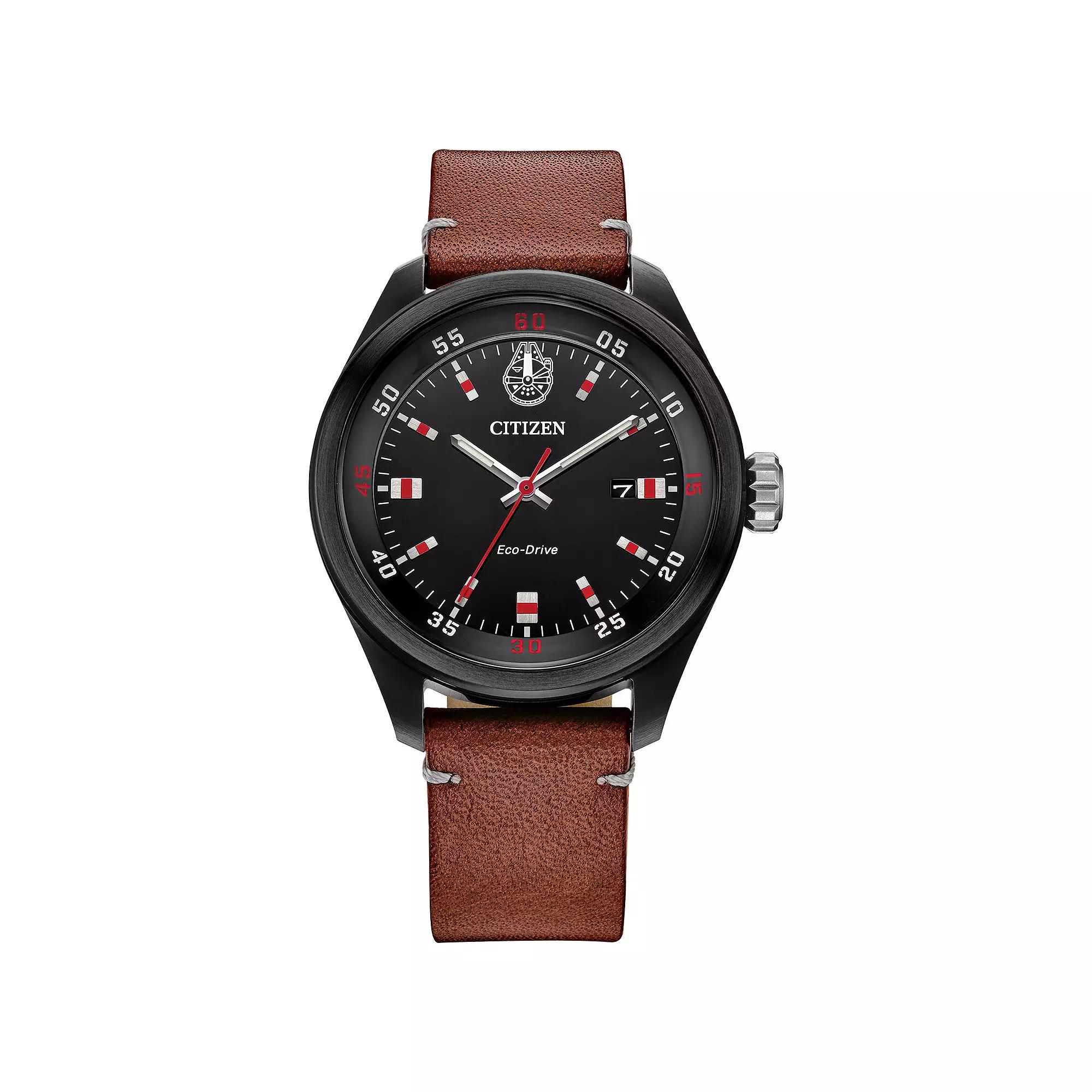 Citizen Mens Eco-Drive Star Wars Chewbacca Stainless Steel Brown Leather Strap Watch Product Image
