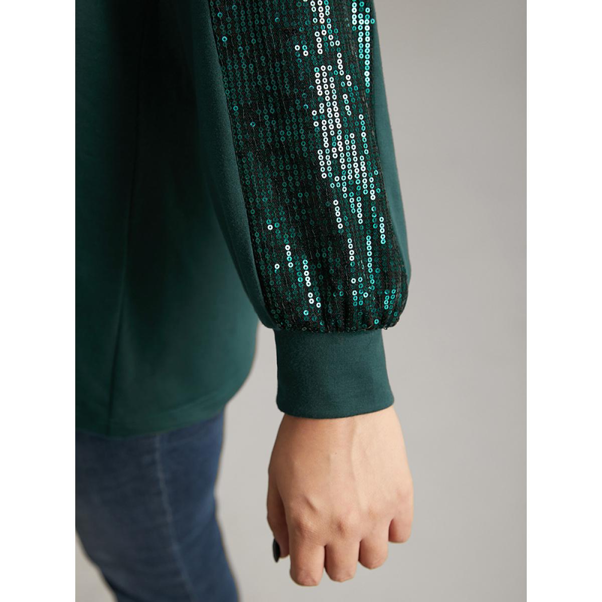 Plus Size Solid Sequin Patchwork Raglan Sleeve Sweatshirt Women DarkGreen Elegant Elastic cuffs Round Neck Dailywear Sweatshirts BloomChic 26/4X Product Image
