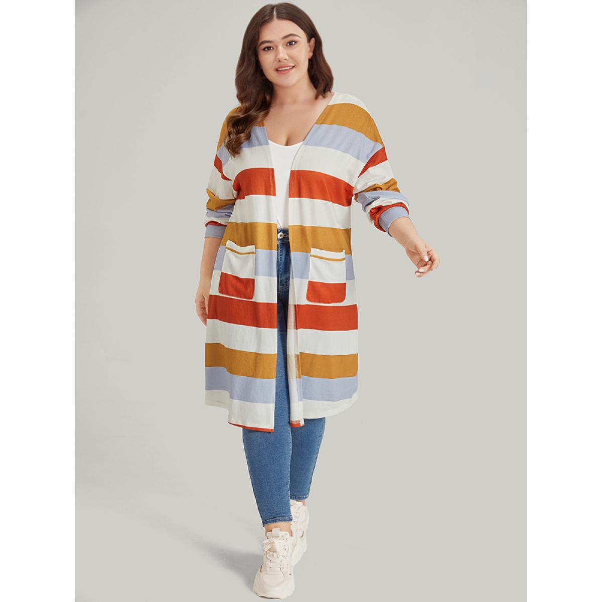 Plus Size Striped Contrast Patched Pocket Open Front Kimono Women Multicolor Casual Elastic cuffs Pocket Dailywear Kimonos BloomChic 12/L Product Image