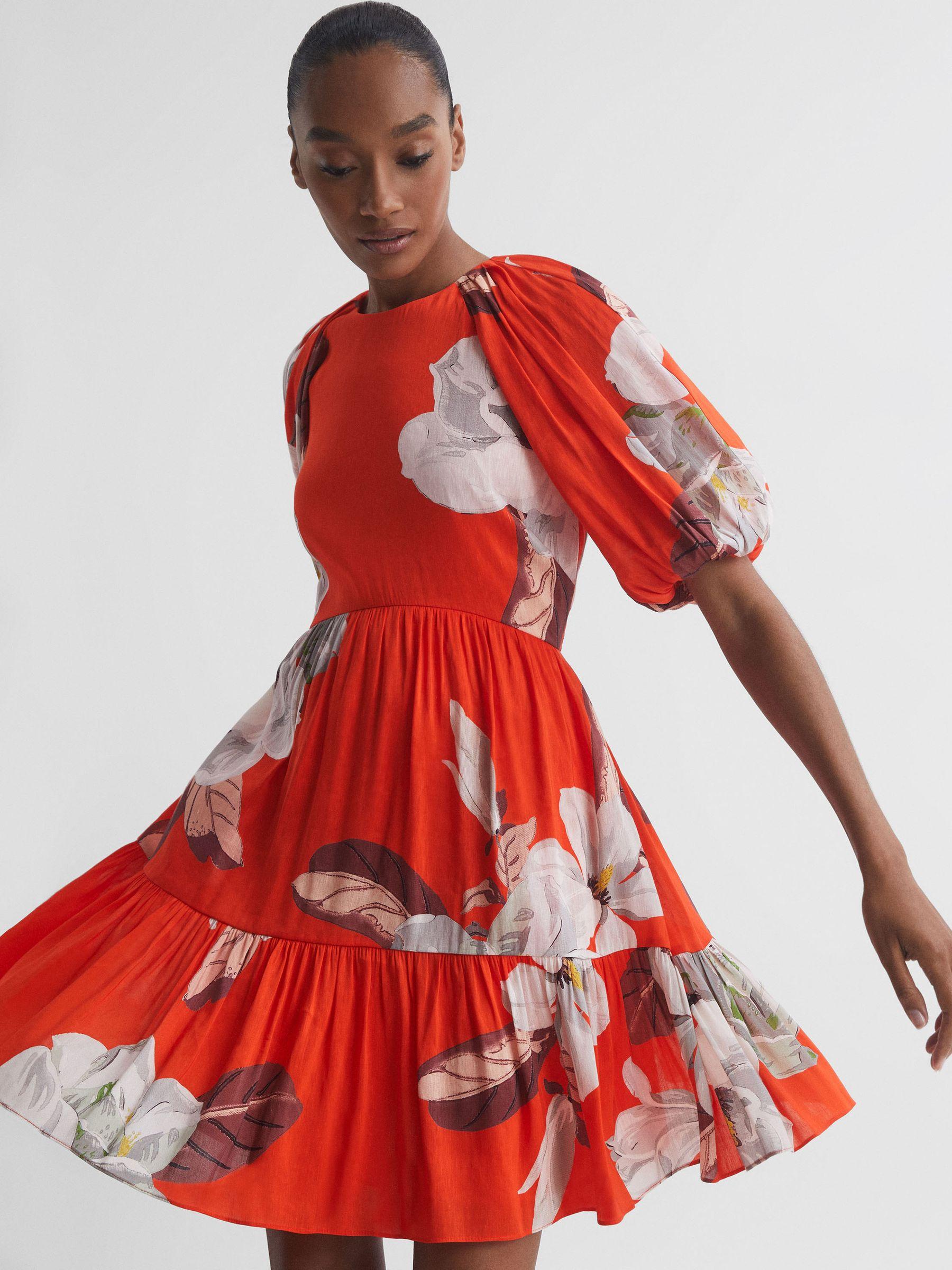 Florere Linen Silk Puff Sleeve Mini Dress in Orange Product Image