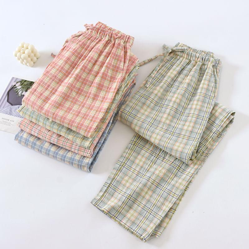 Drawstring Waist Plaid Lounge Pants Product Image
