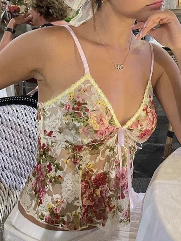 Flower Print Lace Stitching Cami Top Product Image