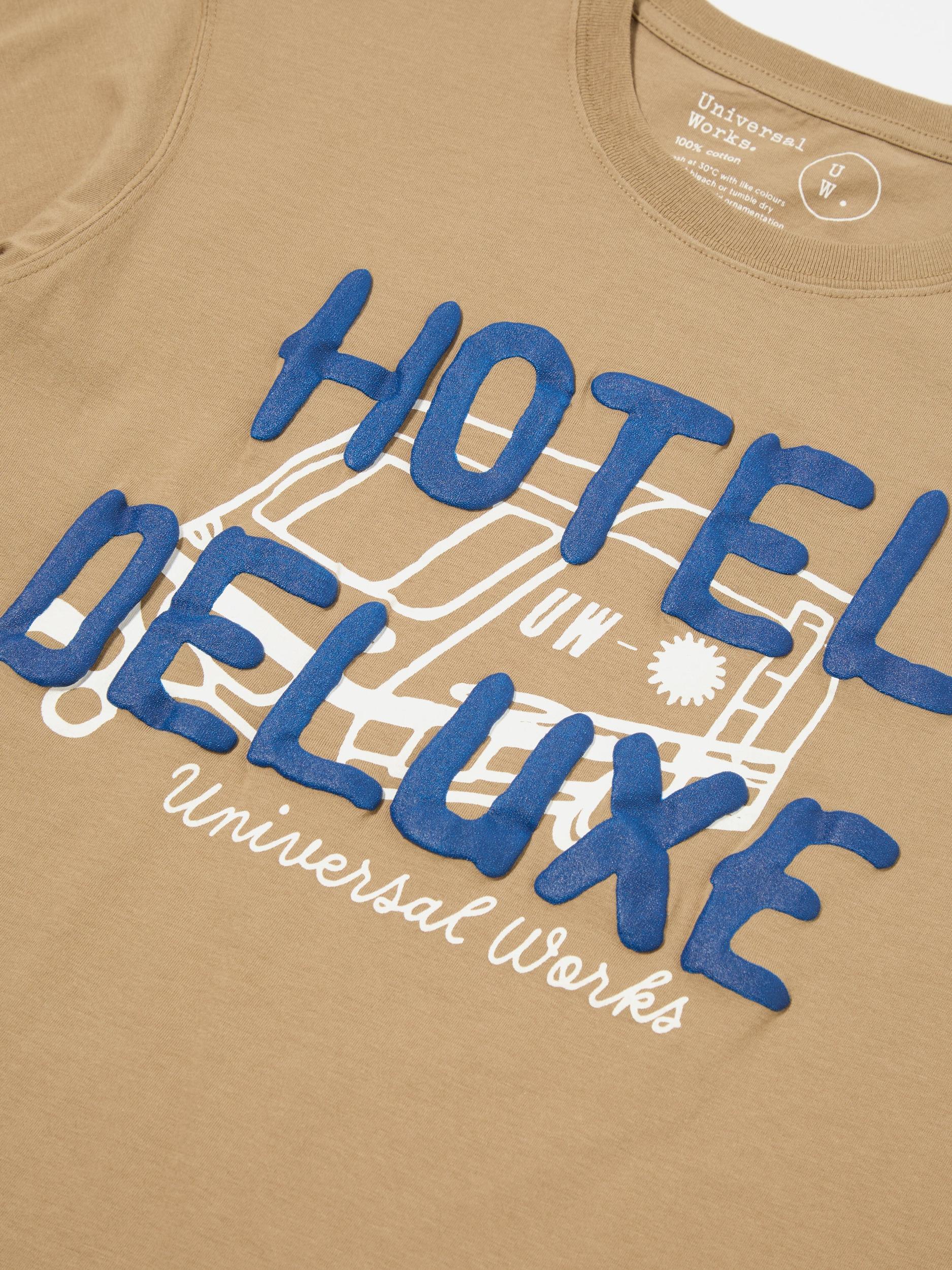 Universal Works Print Tee in Sand 'Hotel Deluxe' Single Jersey Product Image