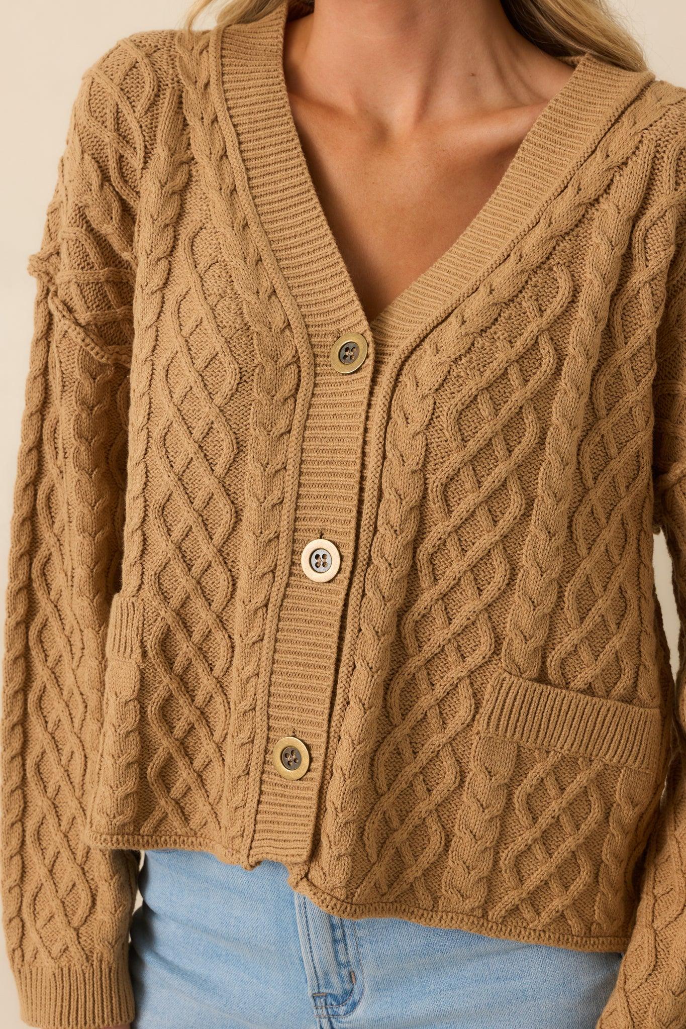 For Old Time’s Sake Camel Brown Cable Knit Button Up Cardigan L / Camel Product Image