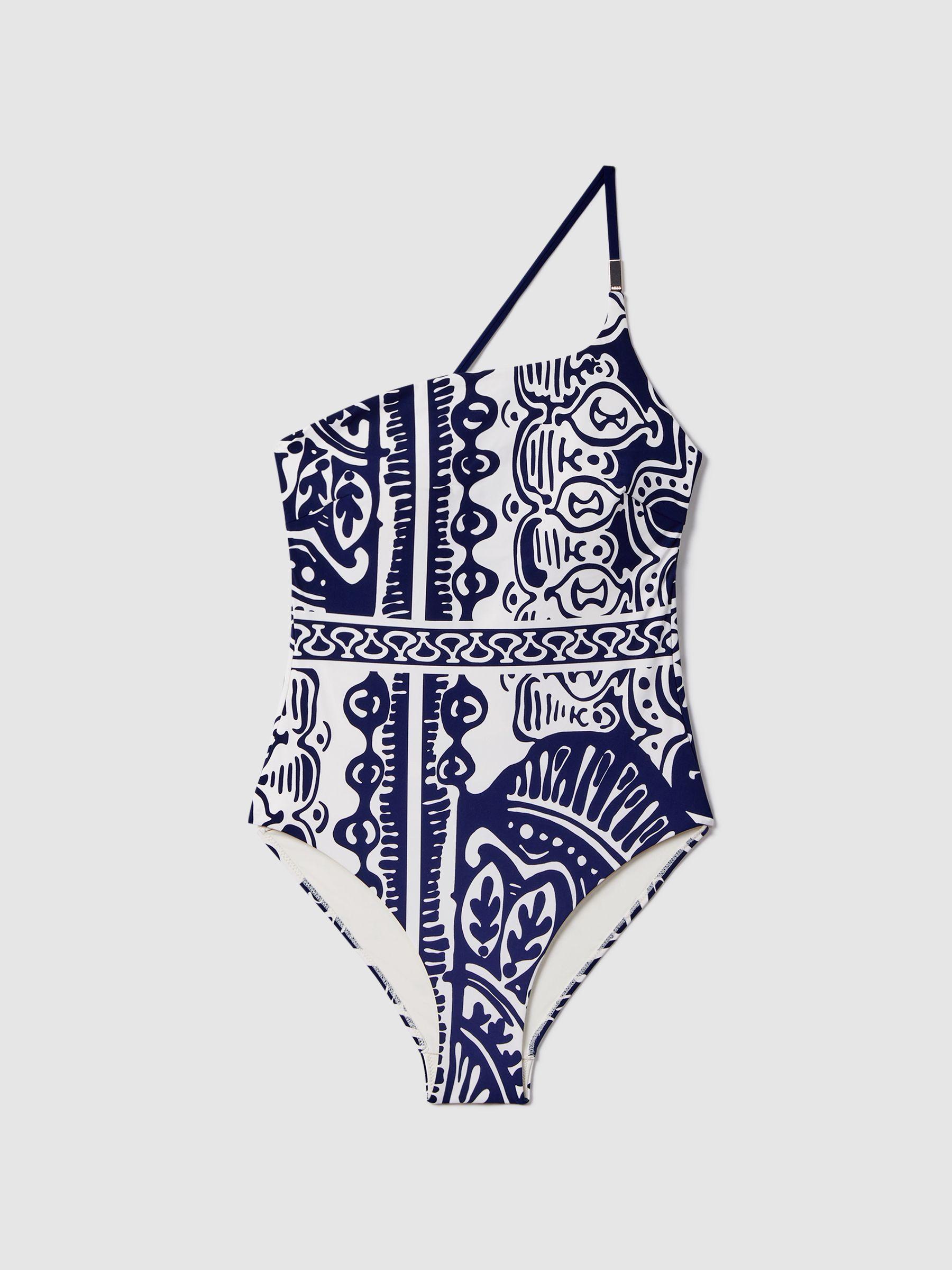 Printed One-Shoulder Swimsuit in Navy/White Product Image