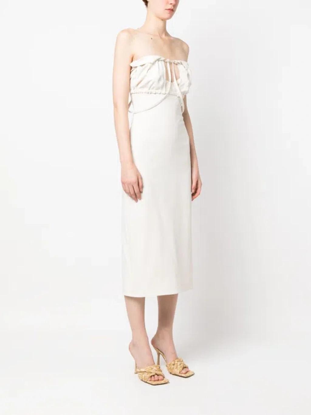 JACQUEMUS Strapless Ruffled Cutout Twill Midi Dress In White Product Image