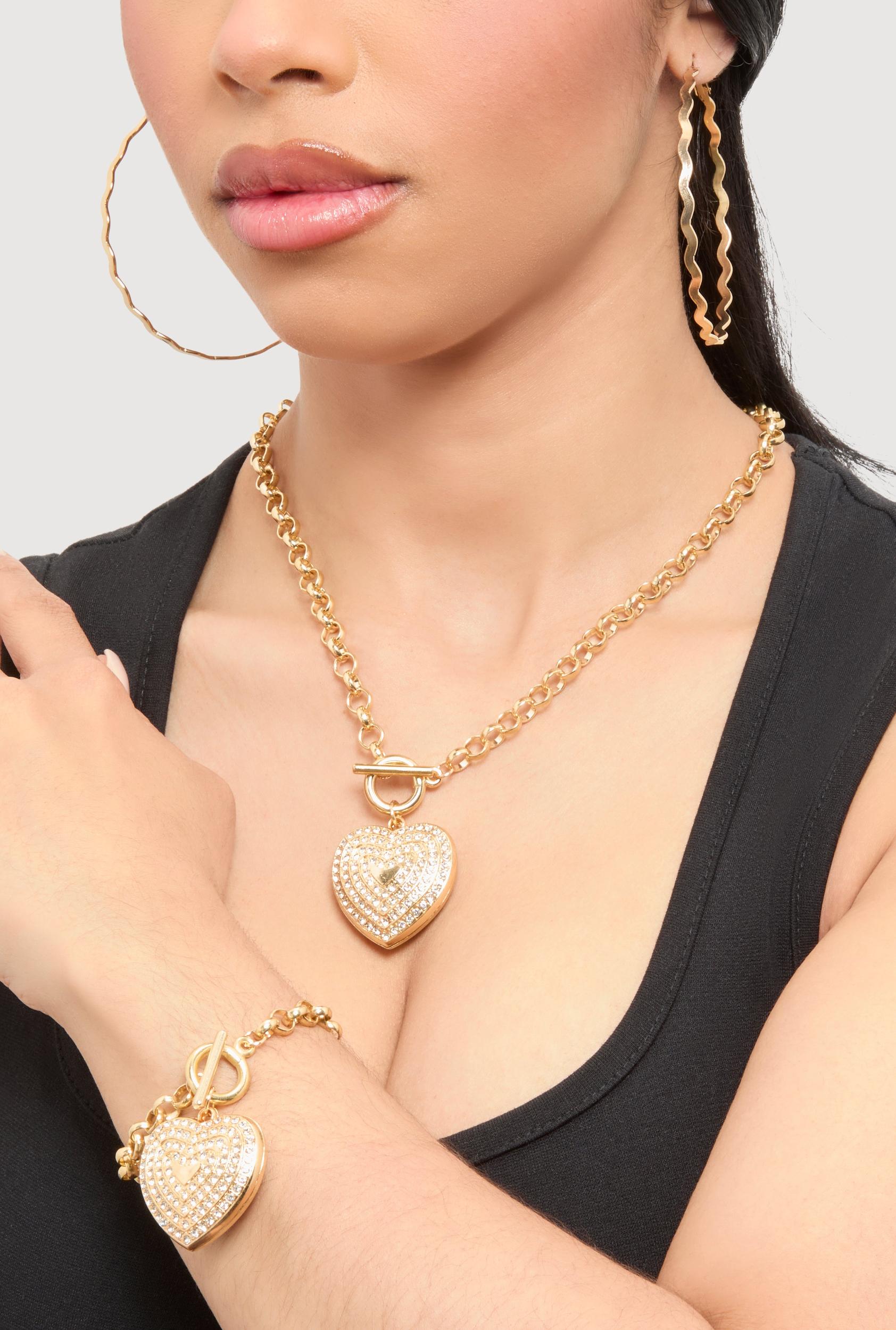 Heart Toggle Necklace and Bracelet with Hoop Earring Trio Unisex Product Image