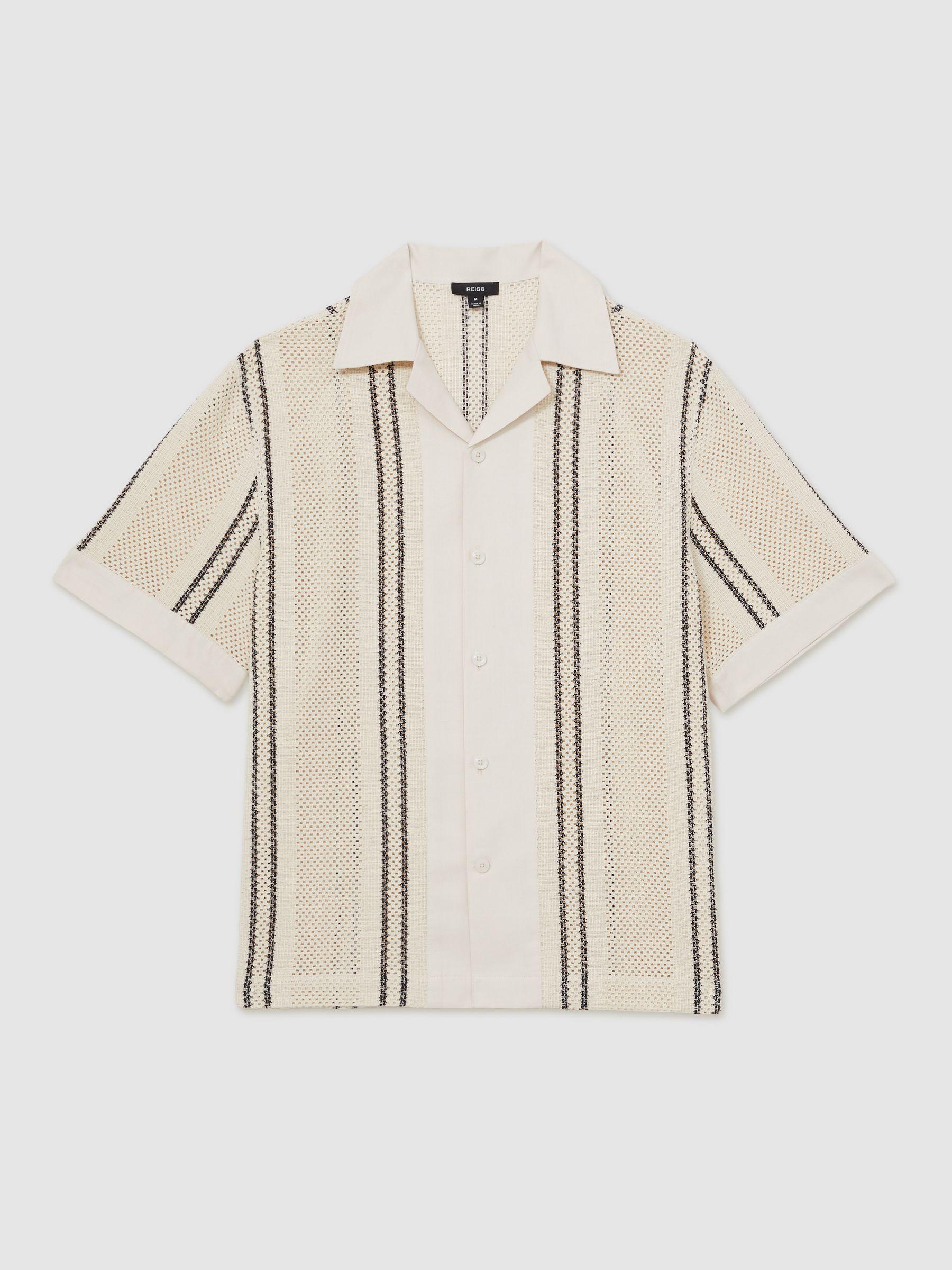 Crochet Stripe Cuban-Collar Shirt in Off White/Navy Product Image
