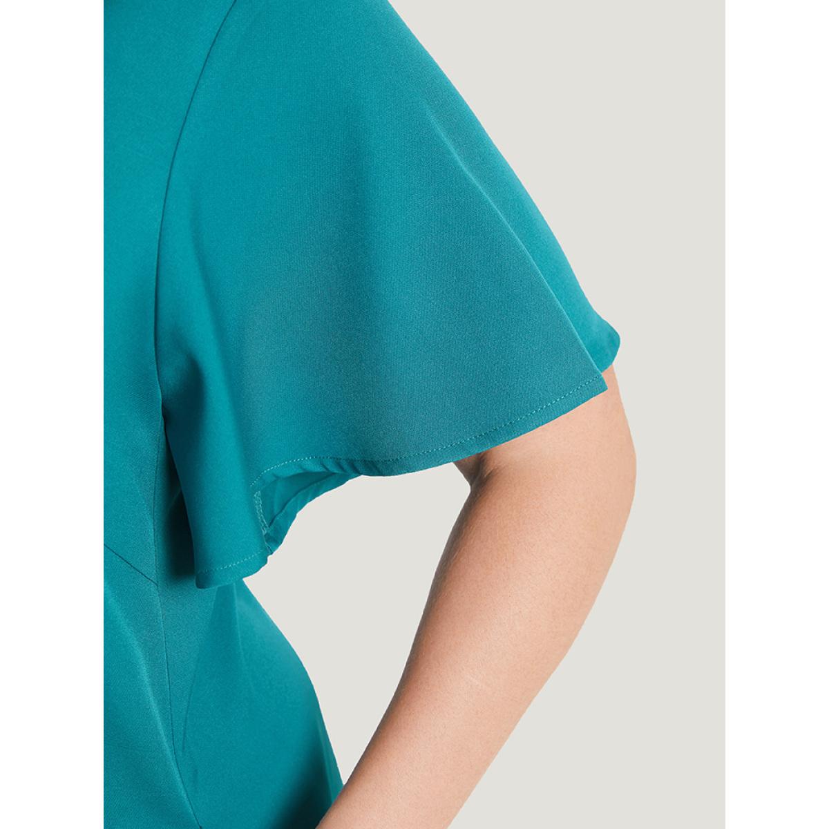 Plus Size Solid Ruffle Sleeve Half Zipper Pocket Dress Aegean Women Elegant Plain V-neck Short sleeve Curvy Knee Dress BloomChic 18-20/2X Product Image