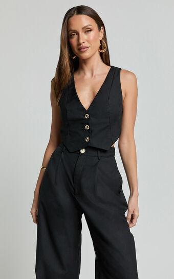 Izara Vest - V Neck Button Up Cropped Vest in Black Product Image