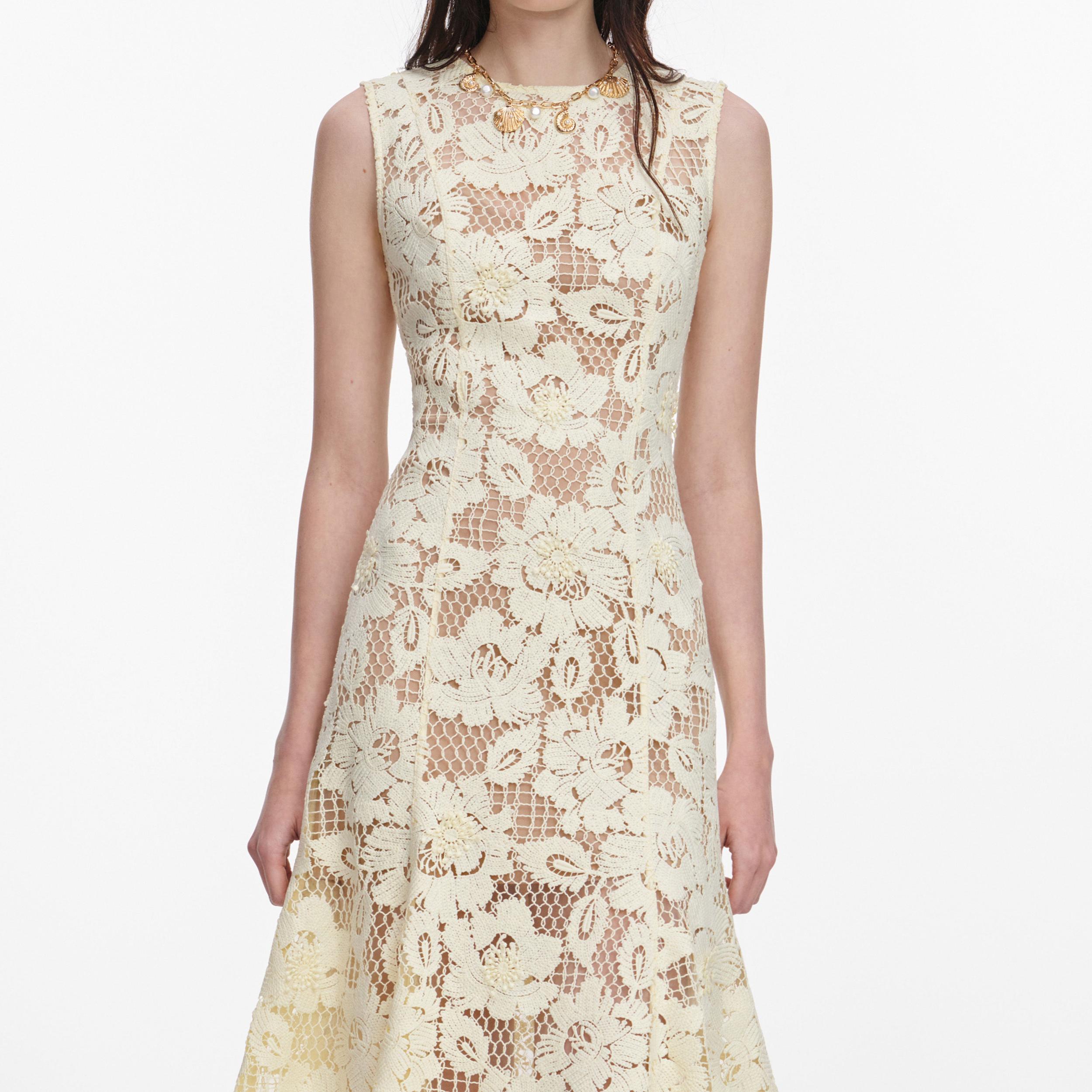 Yellow Crochet Lace Midi Dress Product Image