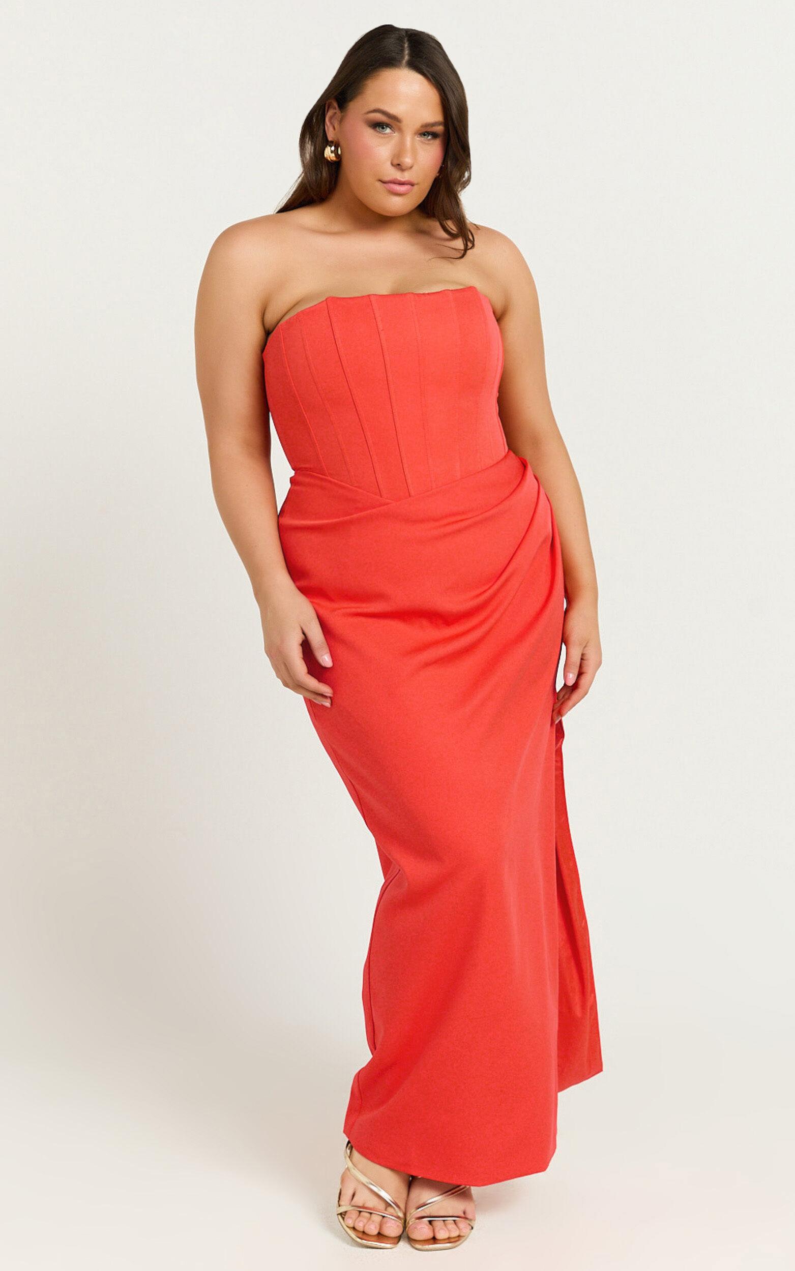 Avery Midi Dress - Strapless Draped Side Split Dress in Orange Product Image