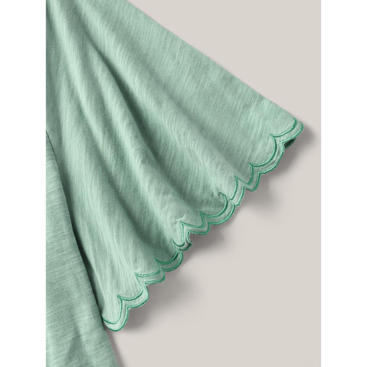 Plus Size Pure Cotton Embroidered Pleated T-Shirt Greenbean Women Boho Gathered Flat collar with V-notch Vacation T-shirts BloomChic 26/4X Product Image