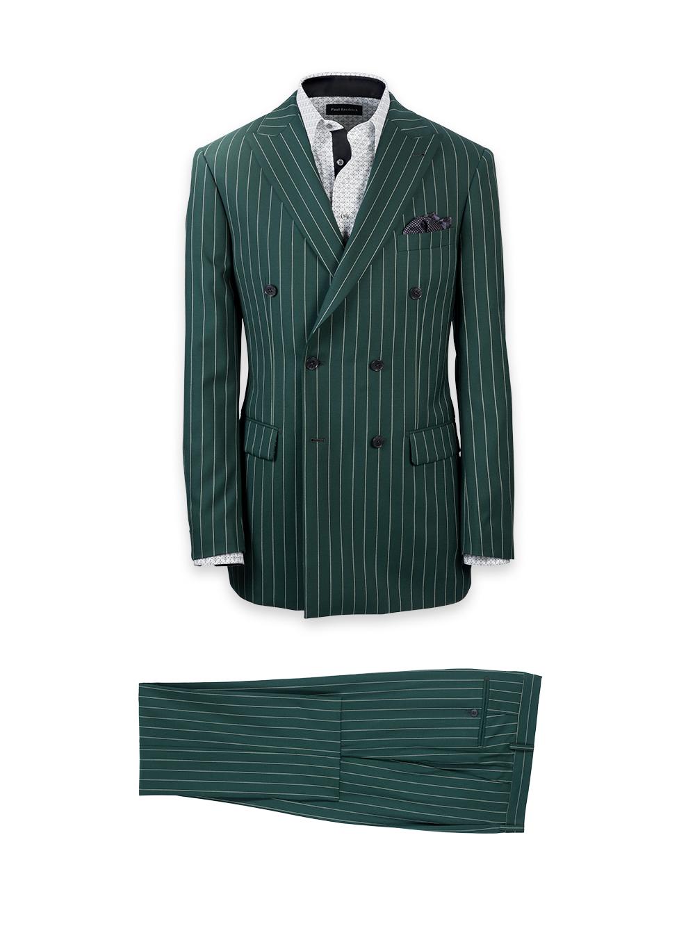 Wool Stretch Stripe Double Breasted Peak Lapel Suit Jacket - Dark Green Product Image