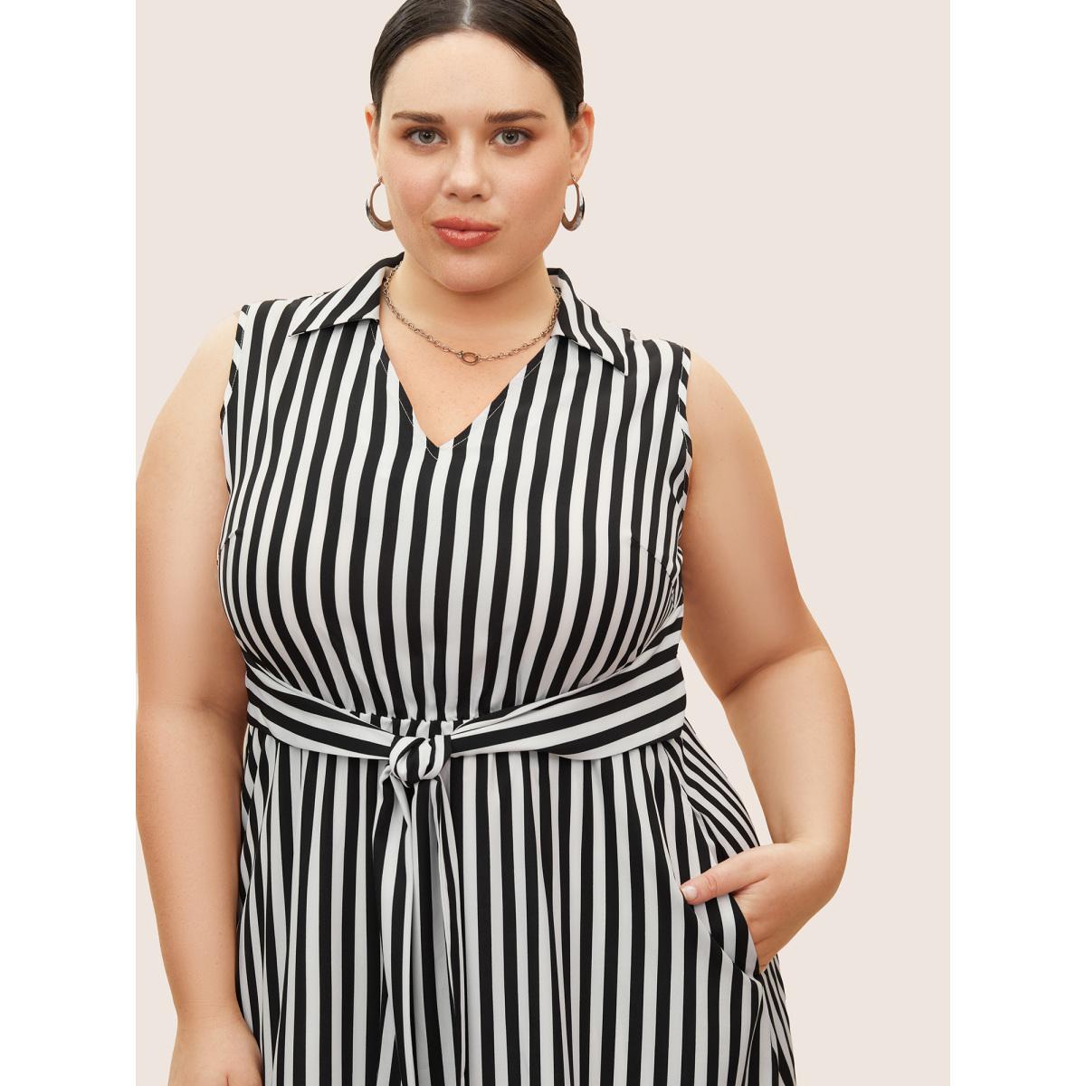Plus Size Striped Shirt Collar Sleeveless Tie Dress Black Women At the Office Shirt collar Sleeveless Curvy BloomChic 28/5X Product Image