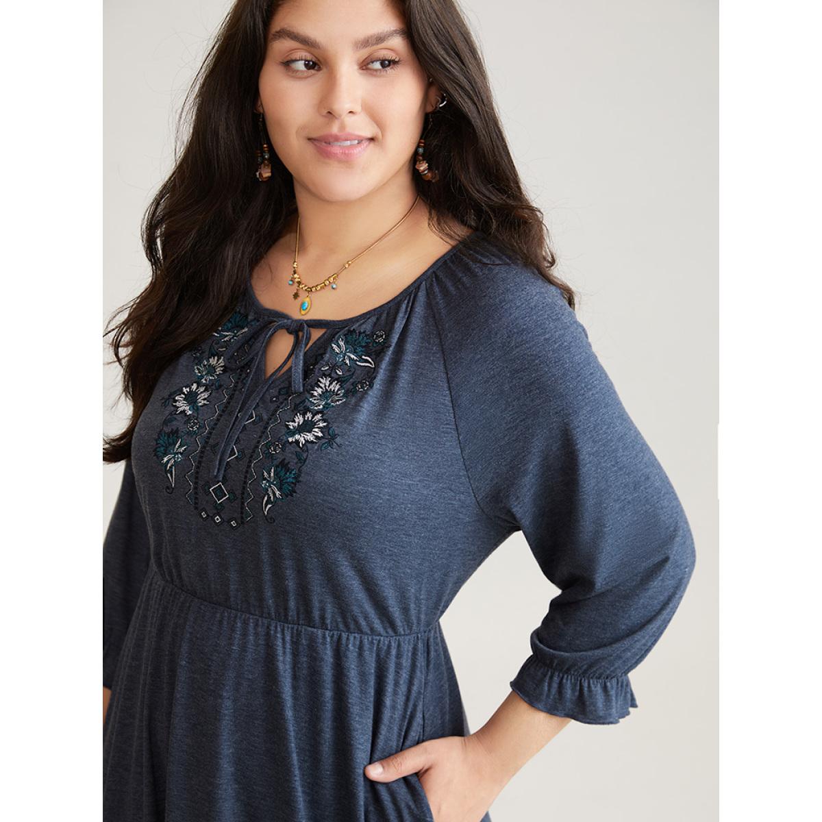 Plus Size Floral Embroidered Knot Neck Lantern Sleeve Dress DarkBlue Women Vacation Plain Tie Neck Elbow-length sleeve Curvy Midi Dress BloomChic 28/5X Product Image