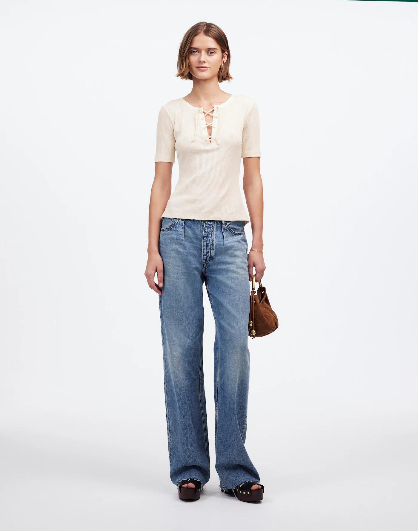 Ribbed Lace-Up Short-Sleeve Tee Product Image