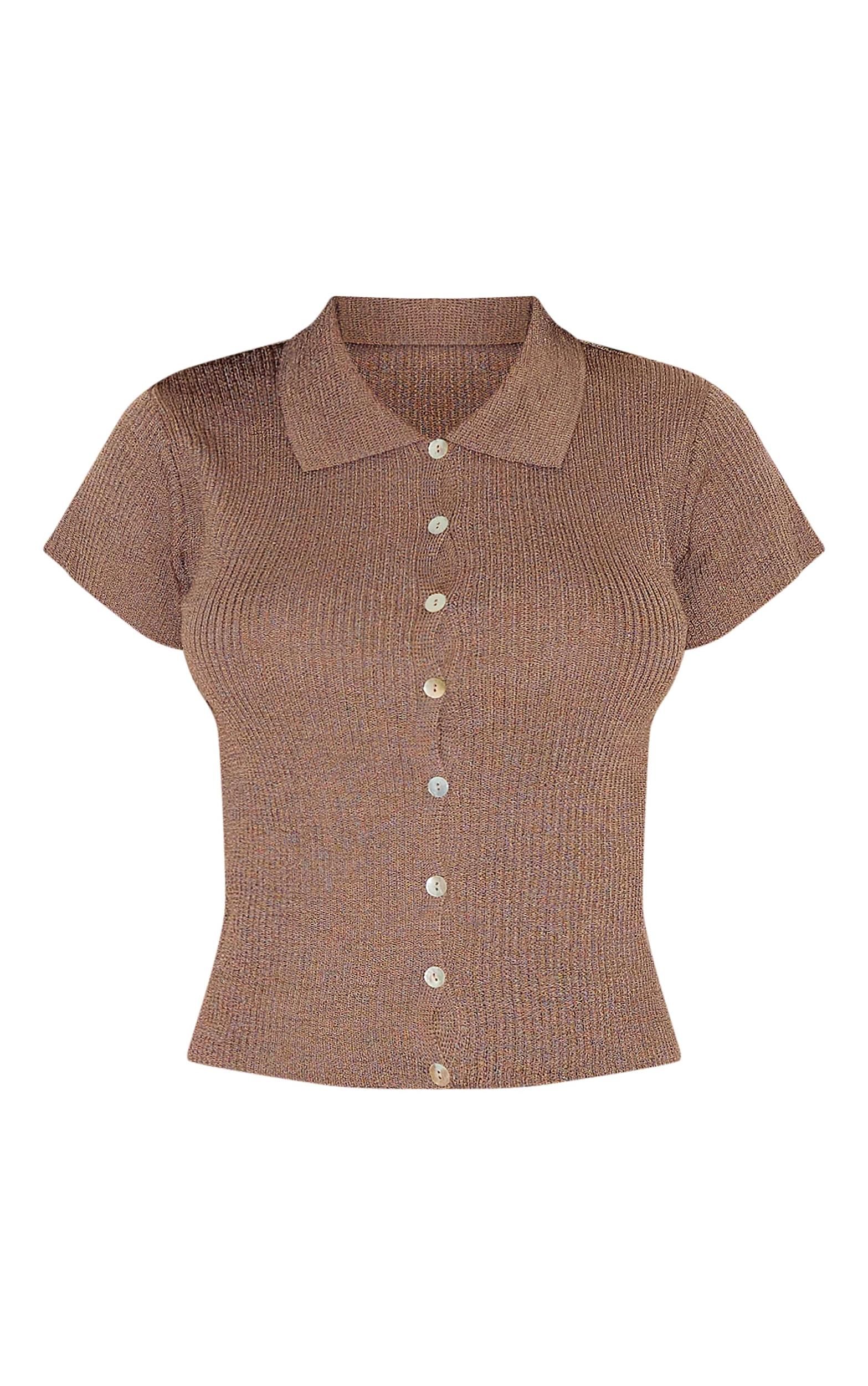 Deep Mocha Filagree Button Through Short Sleeve Top Product Image