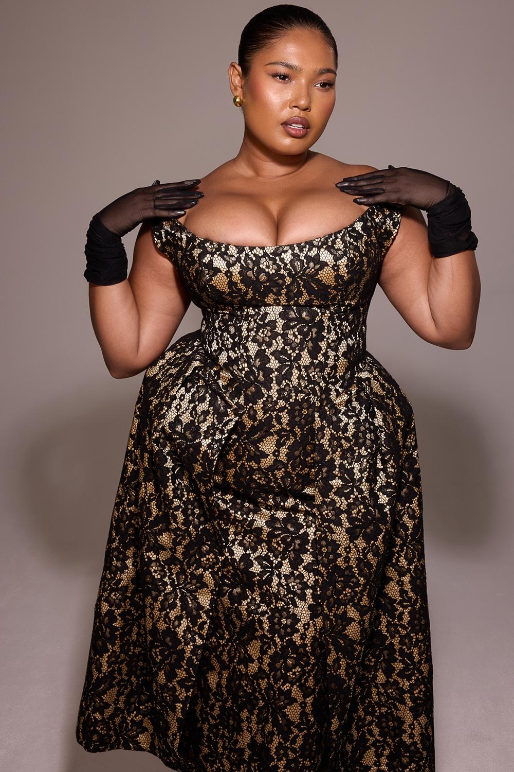 Charming  black gold lace off shoulder midi gown Product Image