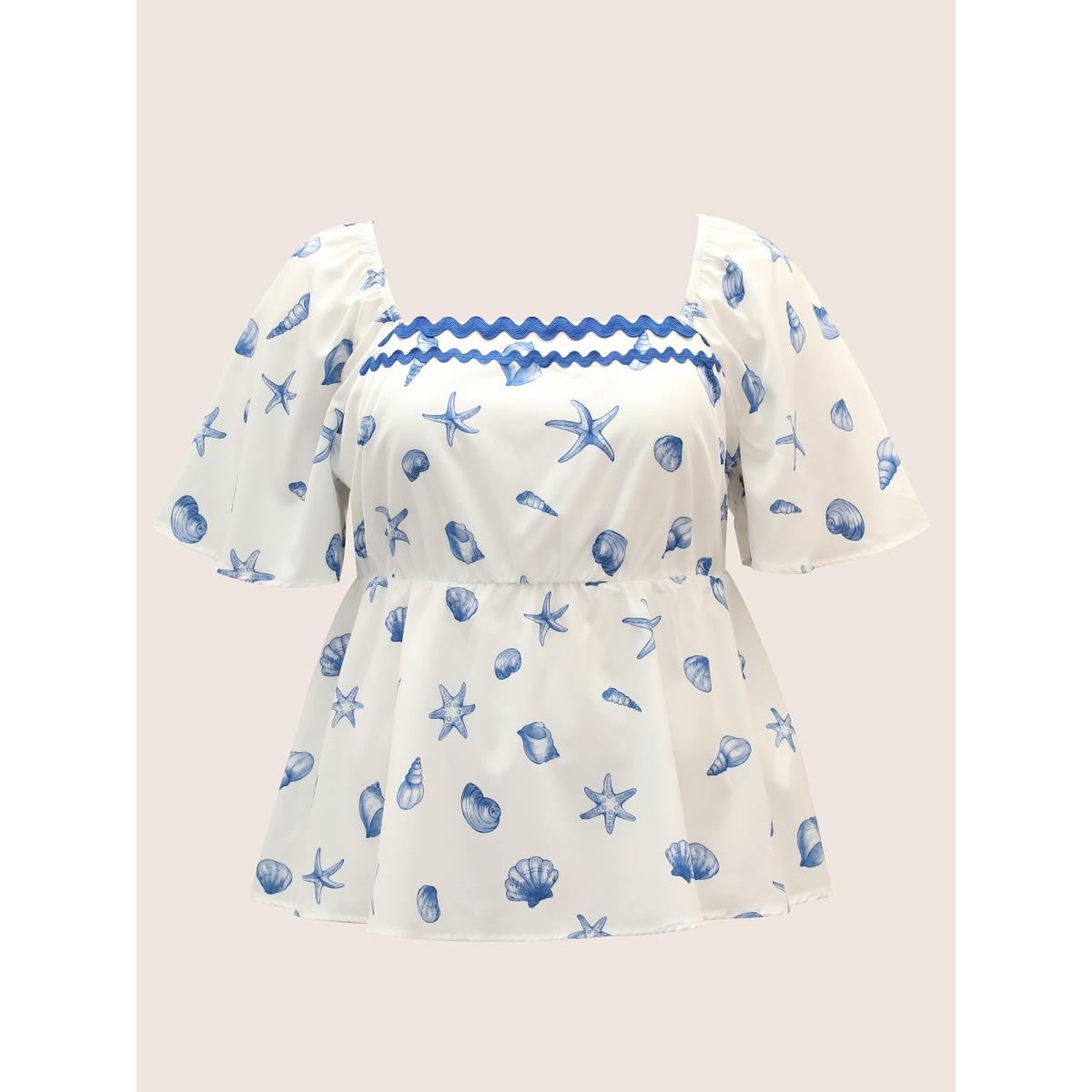 Plus Size Skyblue Square Neck Marine Elements Contrast Webbing Blouse Women Resort Half Sleeve Square Neck Vacation Blouses BloomChic 10/M Product Image