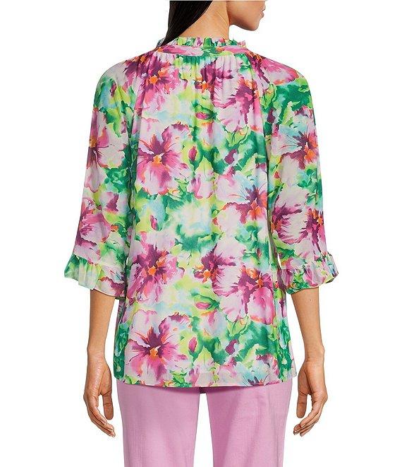 Calessa Summer Floral V-Neck Banded Collar Elbow Sleeve Top Product Image