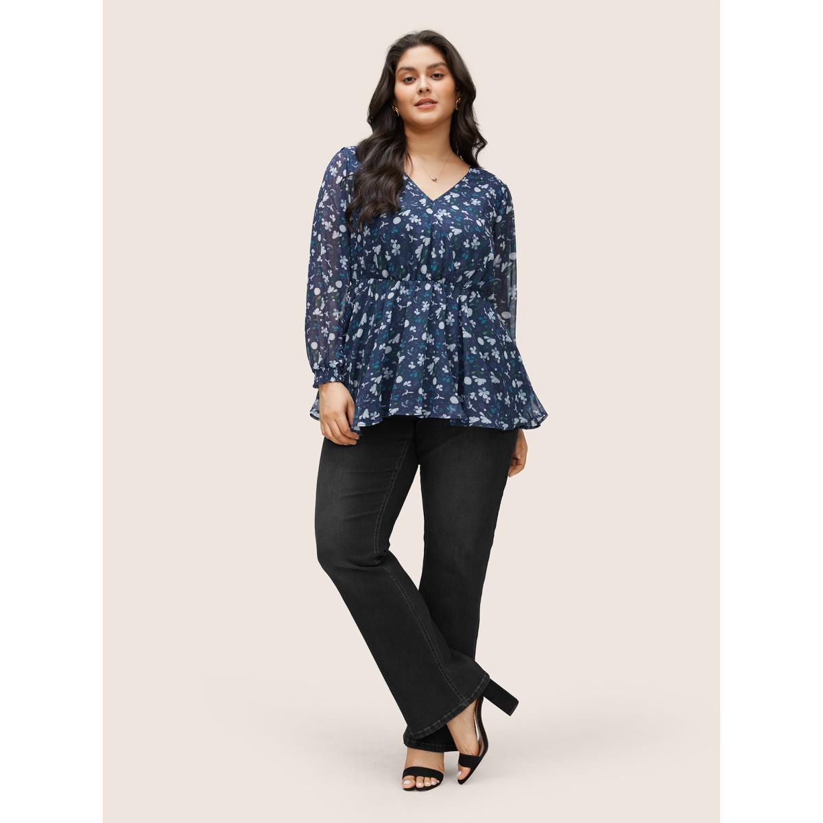Plus Size Indigo Floral Wrap Elastic Waist Mesh Patchwork Blouse Women Elegant Long Sleeve V-neck Party Blouses BloomChic 22-24/3X Product Image