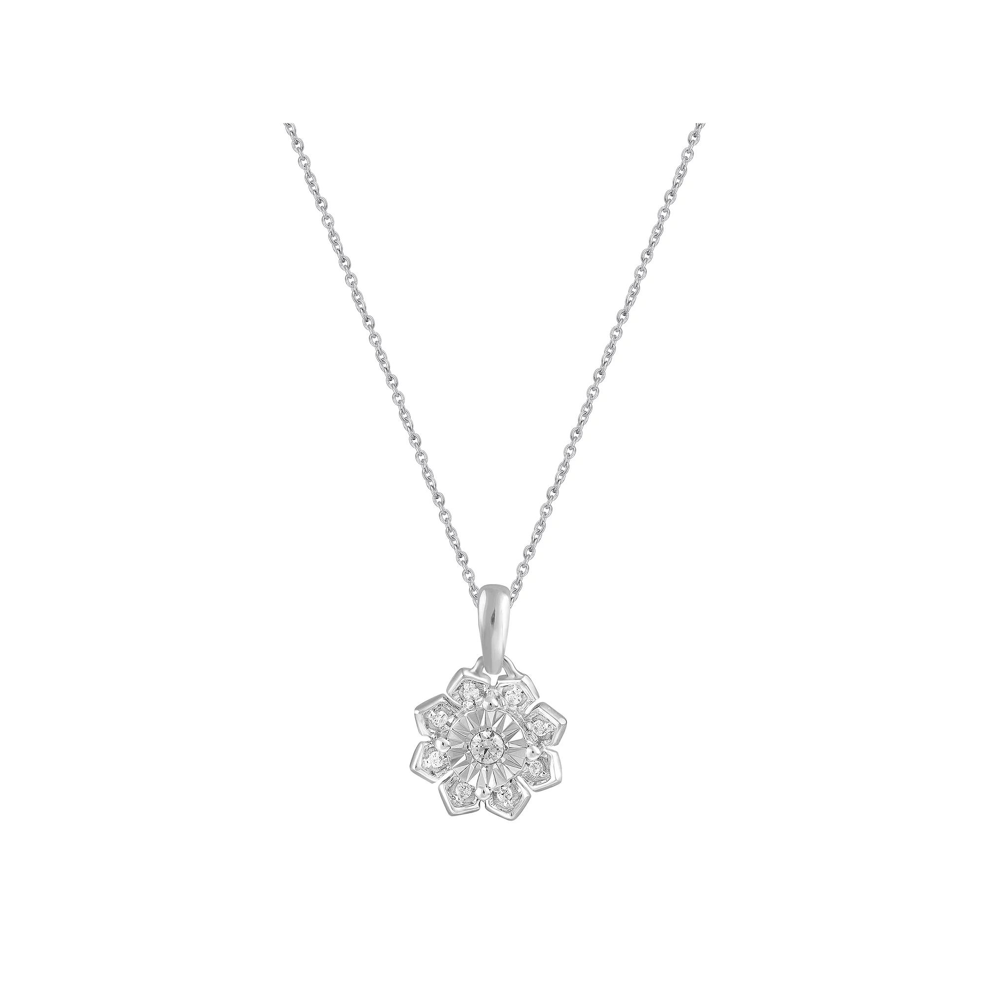 Royal Aura Sterling Silver 1/6 Carat T.W. Diamond Floral Cluster Pendant Necklace, Women's, Size: 18" Product Image