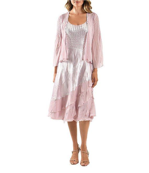 Komarov Beaded Scoop Neck Satin Charmeuse and Chiffon Mixed Media A-line Midi Jacket Dress Product Image