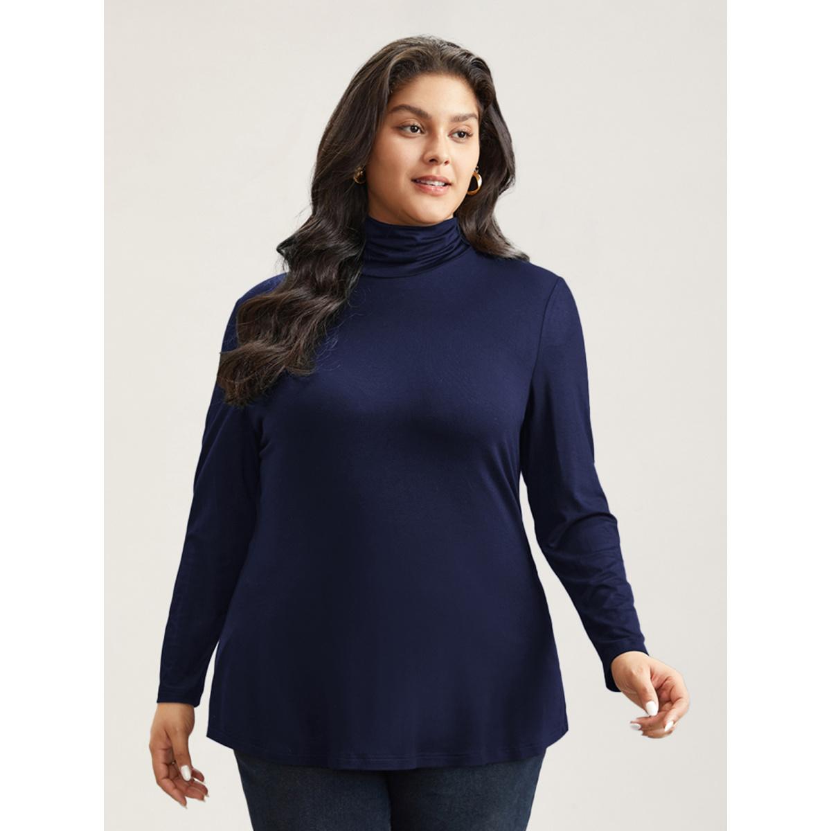Plus Size Supersoft Essentials Solid Funnel Neck Knit T-shirt Black Women Leisure Plain Plain Ruffled collar Bodycon Casual T-shirts BloomChic 22-24/3X Product Image