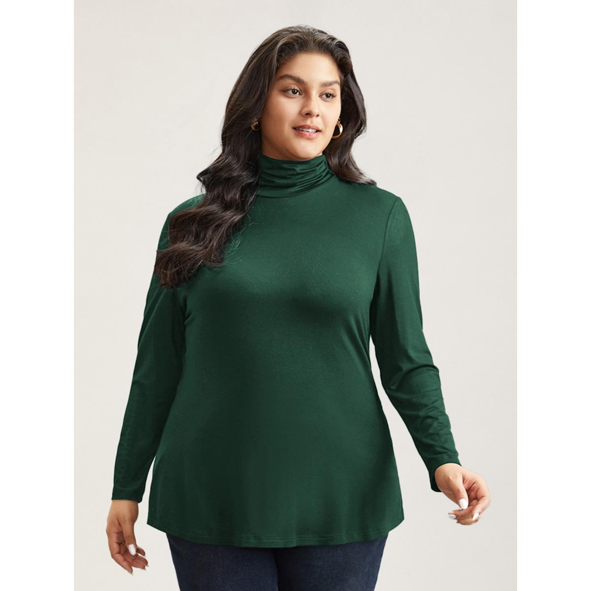 Plus Size Supersoft Essentials Solid Funnel Neck Knit T-shirt DarkGreen Women Leisure Plain Plain Ruffled collar Bodycon Casual T-shirts BloomChic 18-20/2X Product Image