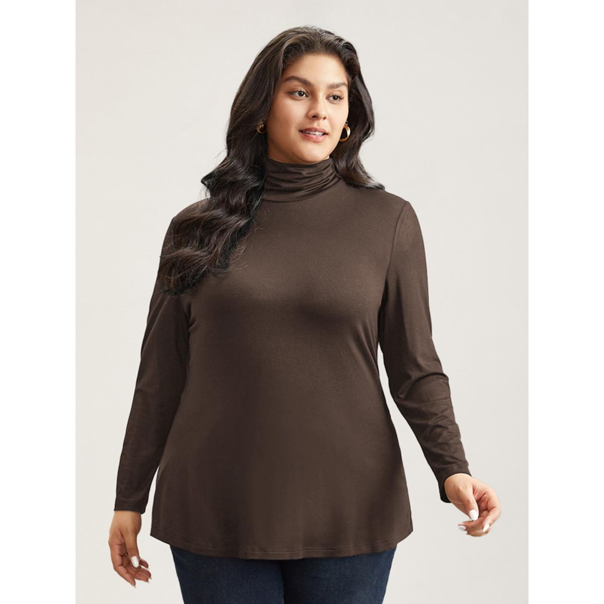 Plus Size Supersoft Essentials Solid Funnel Neck Knit T-shirt DarkGreen Women Leisure Plain Plain Ruffled collar Bodycon Casual T-shirts BloomChic 18-20/2X Product Image