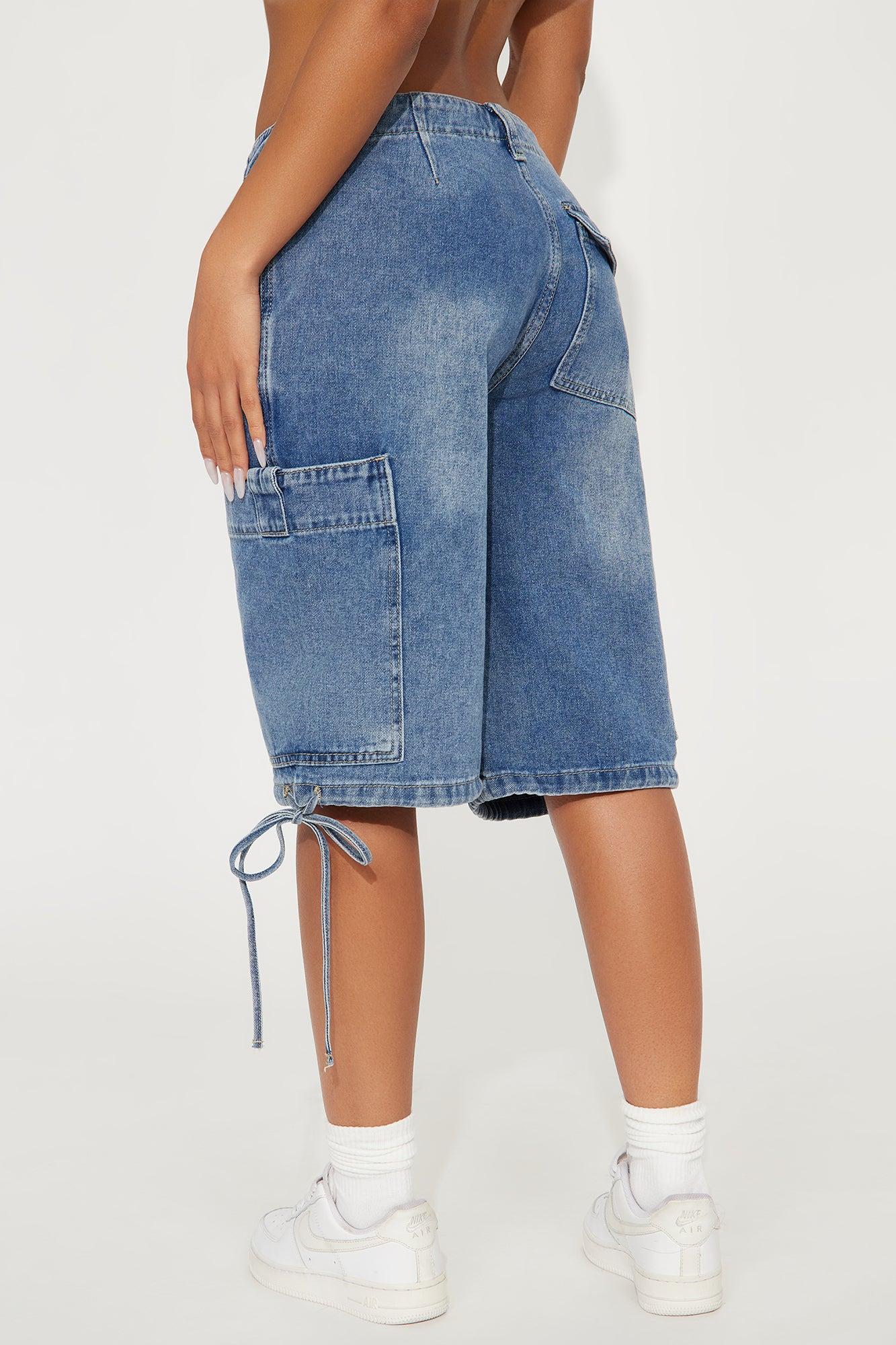 Tanaia Non Stretch Cargo Denim Jorts - Medium Wash Product Image