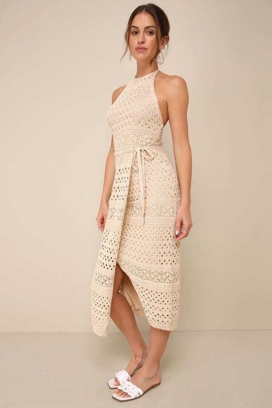 Blissful Strolls Beige Crochet Faux-Wrap Halter Midi Dress Product Image