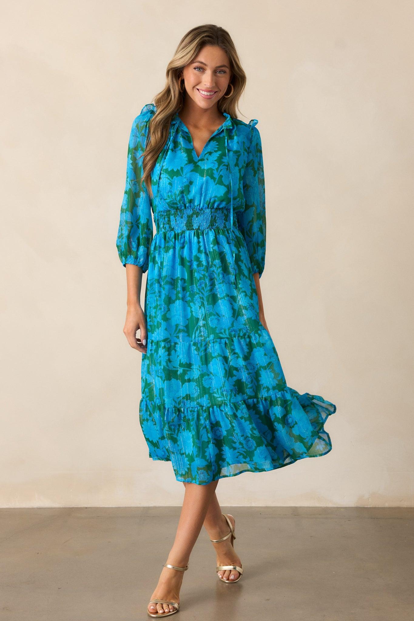 Rising Tides Blue Floral Long Sleeve Midi Dress Product Image
