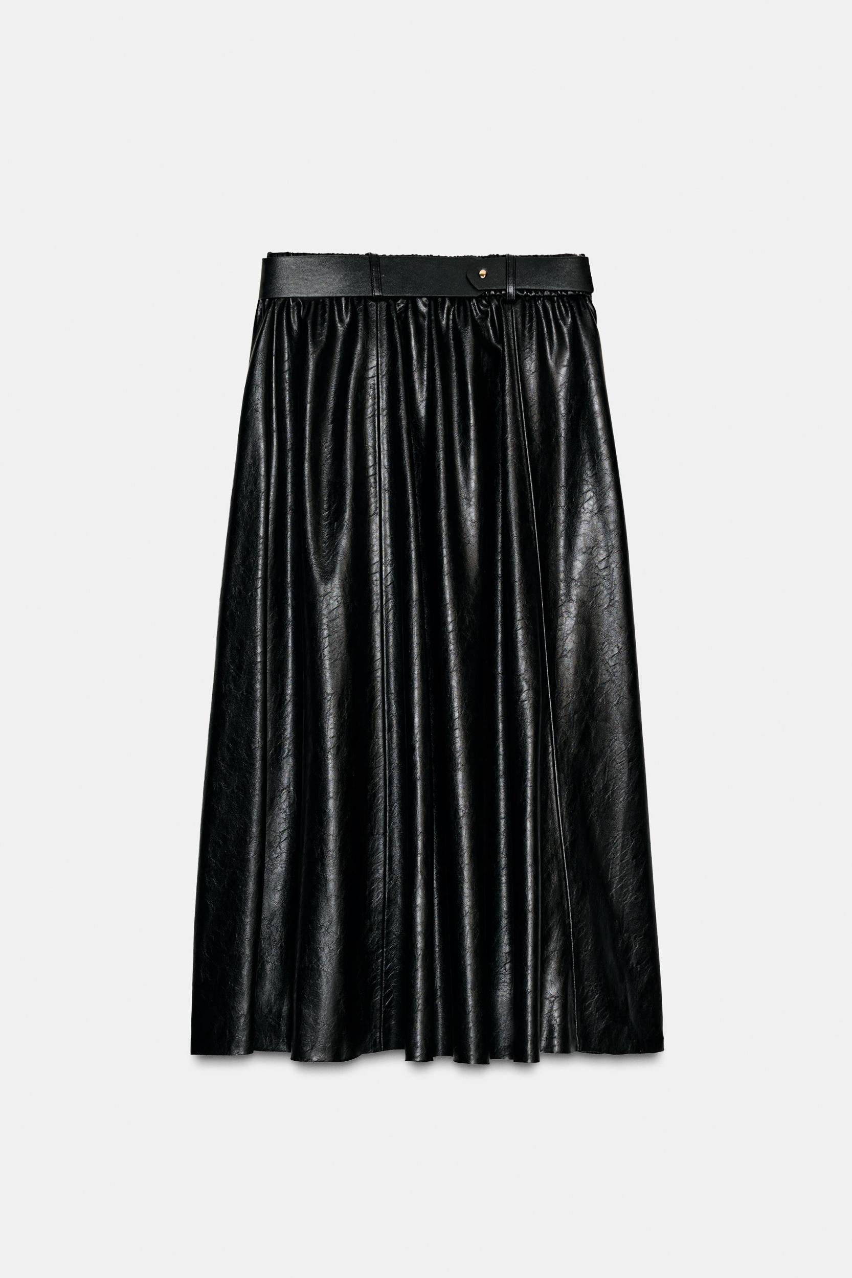 FAUX LEATHER LAYERED BELTED MIDI SKIRT Product Image