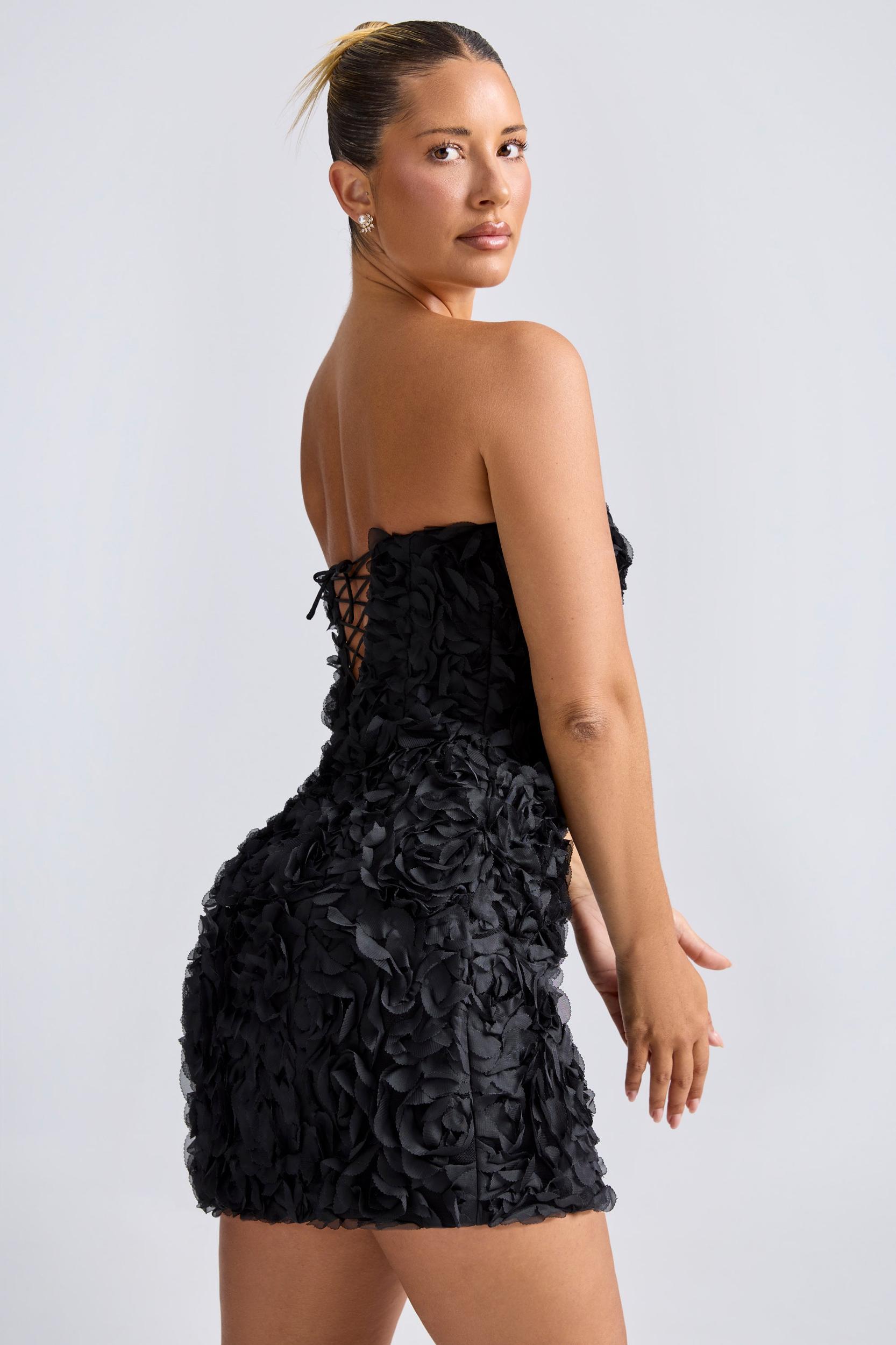 Floral-Appliqué Bandeau A-Line Mini Dress in Black Product Image