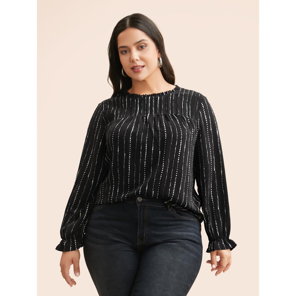 Plus Size Black Striped Lantern Sleeve Ruffles Blouse Women At the Office Long Sleeve Stand-up collar Work Blouses BloomChic 26/4X Product Image