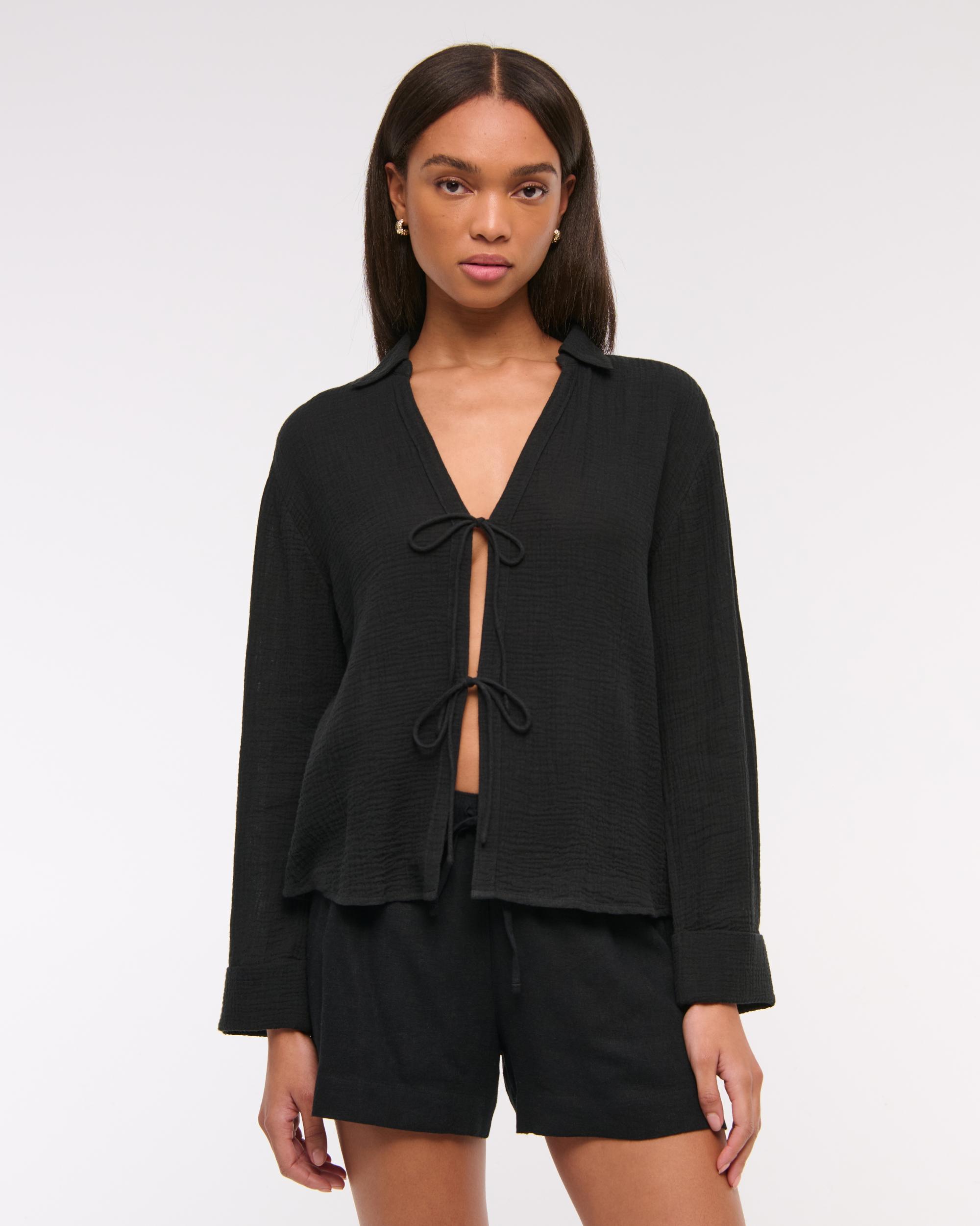 Long-Sleeve Oversized Tie-Front Gauzy Shirt Product Image