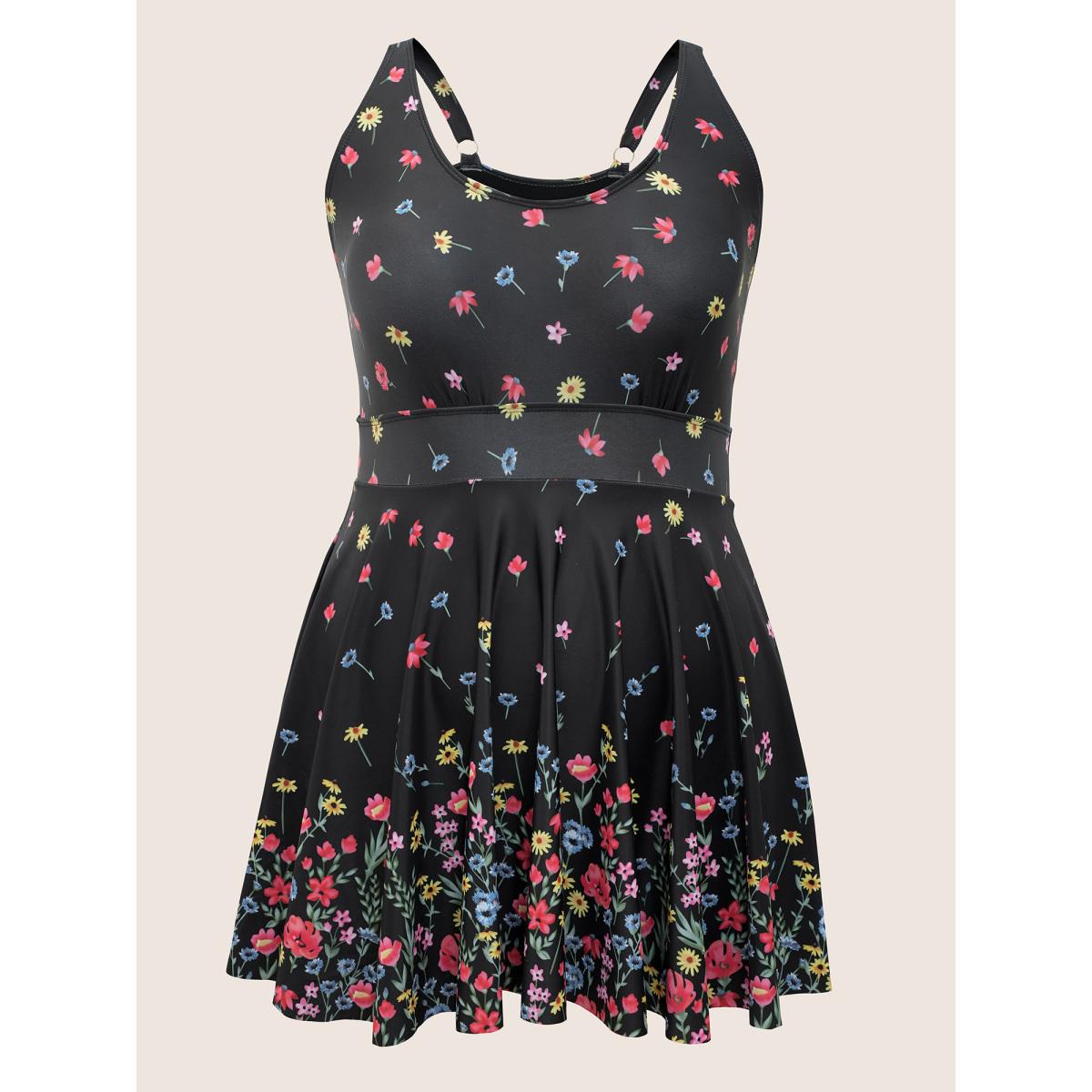 Plus Size Ditsy Floral Lined Spaghetti Strap Swim Dress Women's Swimwear Black Beach Bodycon U-neck High stretch Curve Swim Dresses BloomChic 18-20/2X Product Image