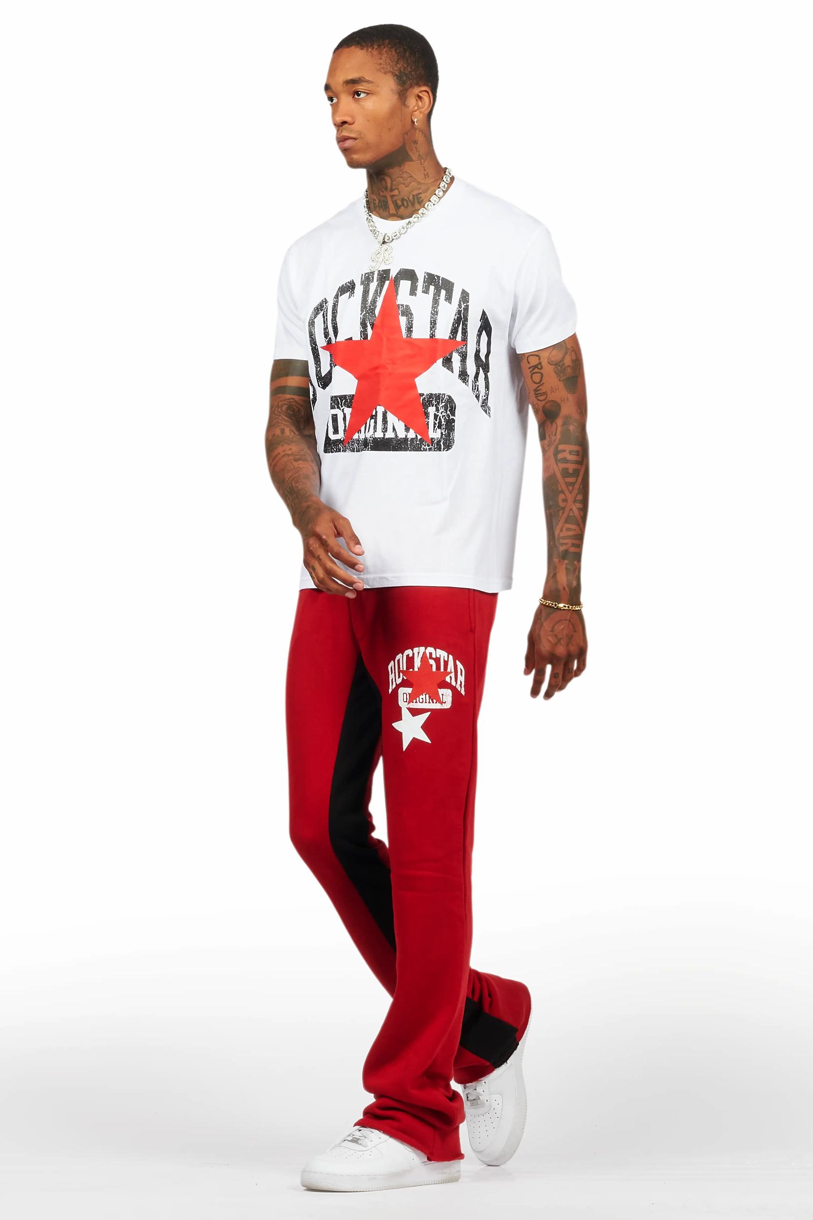 Mallor White/Burgundy T-Shirt/Stacked Baggy Track Pant Set Male Product Image