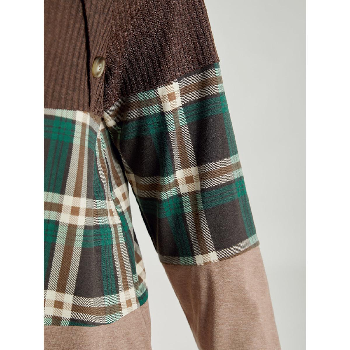 Plus Size Colorblock Plaid Patchwork Button Detail T-shirt DarkBrown Women Casual Contrast Plaid Round Neck Festival-Christmas T-shirts BloomChic 14-16/1X Product Image