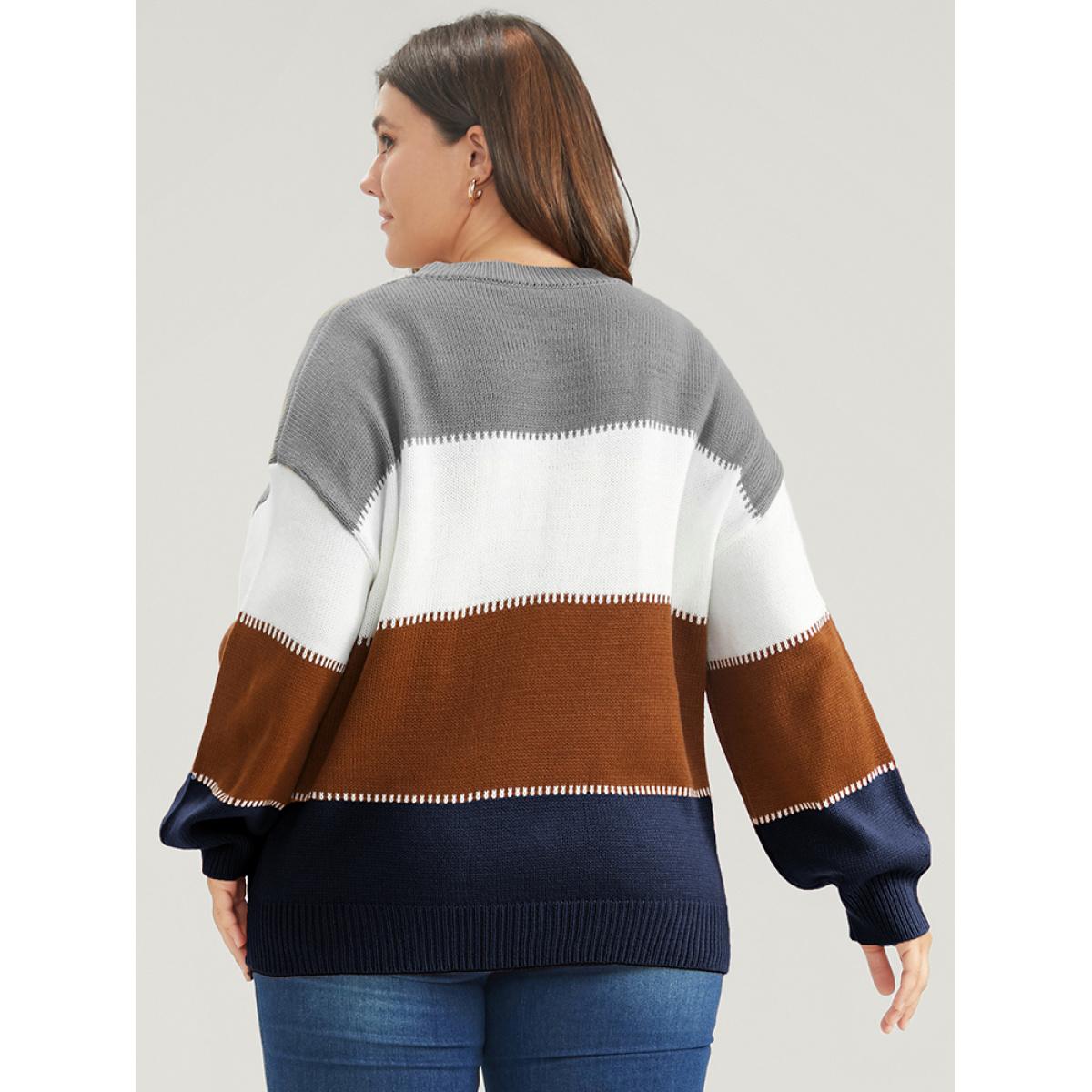 Plus Size Colorblock Contrast Pointelle Knit Round Neck Knit Top DarkBlue Women Casual Long Sleeve Round Neck Dailywear Pullovers BloomChic 30/6X Product Image