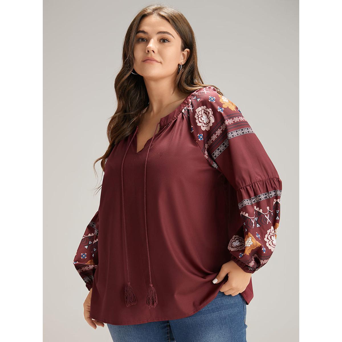 Plus Size Scarlet Boho Print Tie Neck Tassel Trim Blouse Women Vacation Long Sleeve Tie Neck Dailywear Blouses BloomChic 26/4X Product Image
