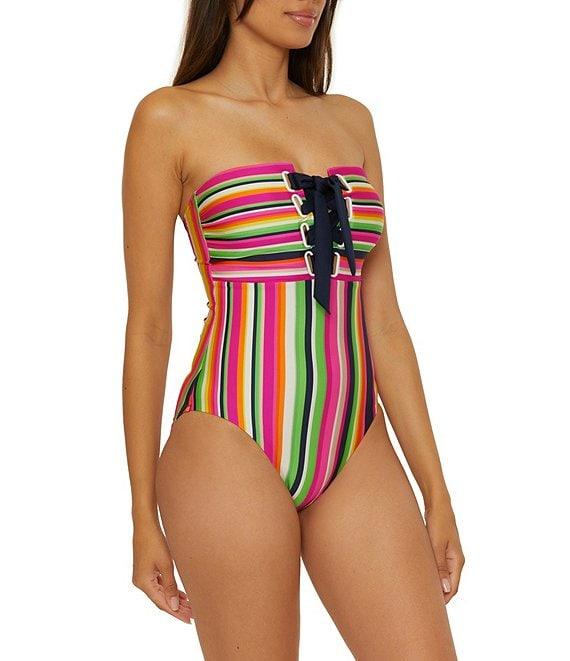 Trina Turk Anniversary Stripe Corset Lace-Up Halter Neck One Piece Swimsuit Product Image