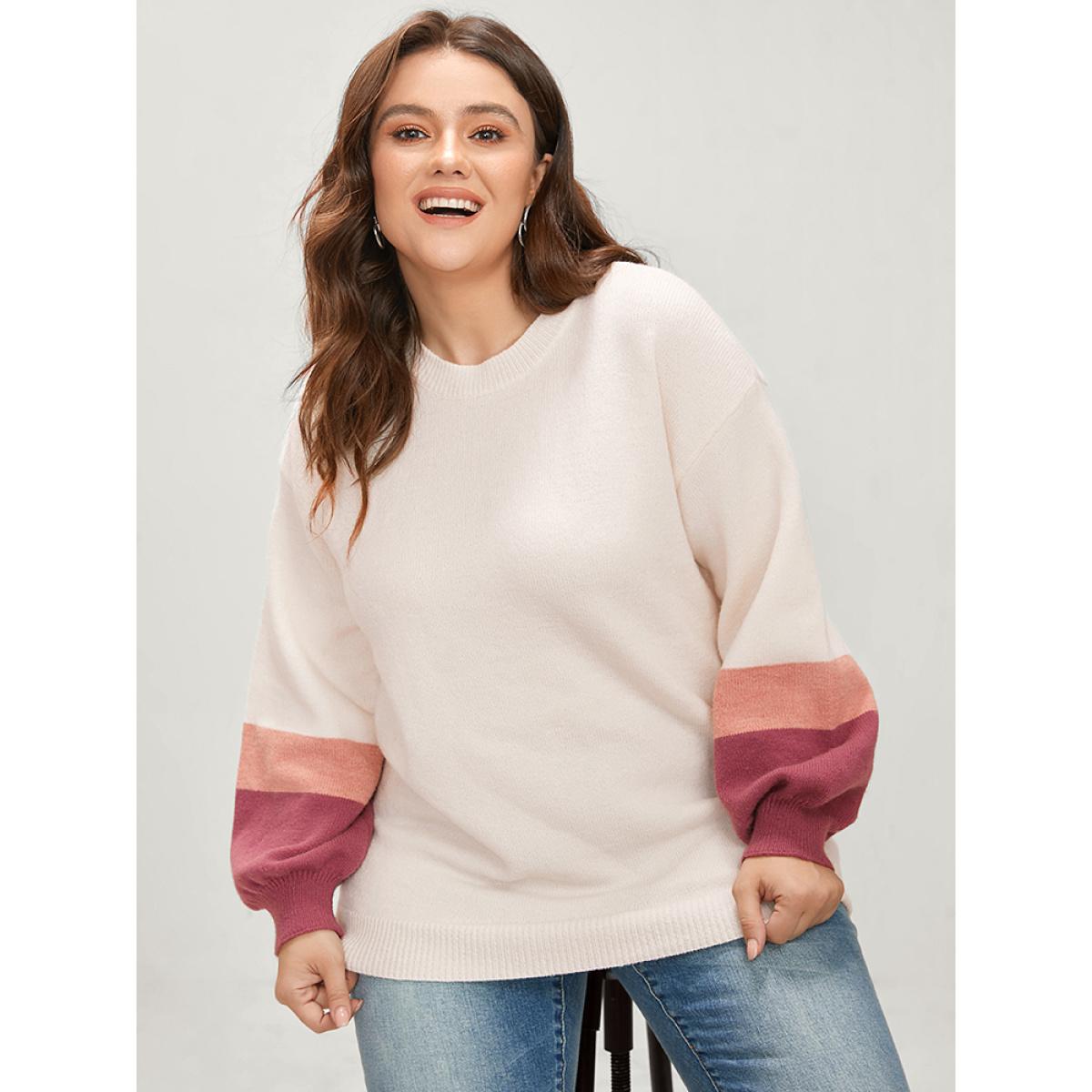 Plus Size Colorblock Contrast Soft Pointelle Knit Lantern Sleeve Knit Top Ivory Women Casual Loose Long Sleeve Round Neck Dailywear Pullovers BloomChic 28/5X Product Image